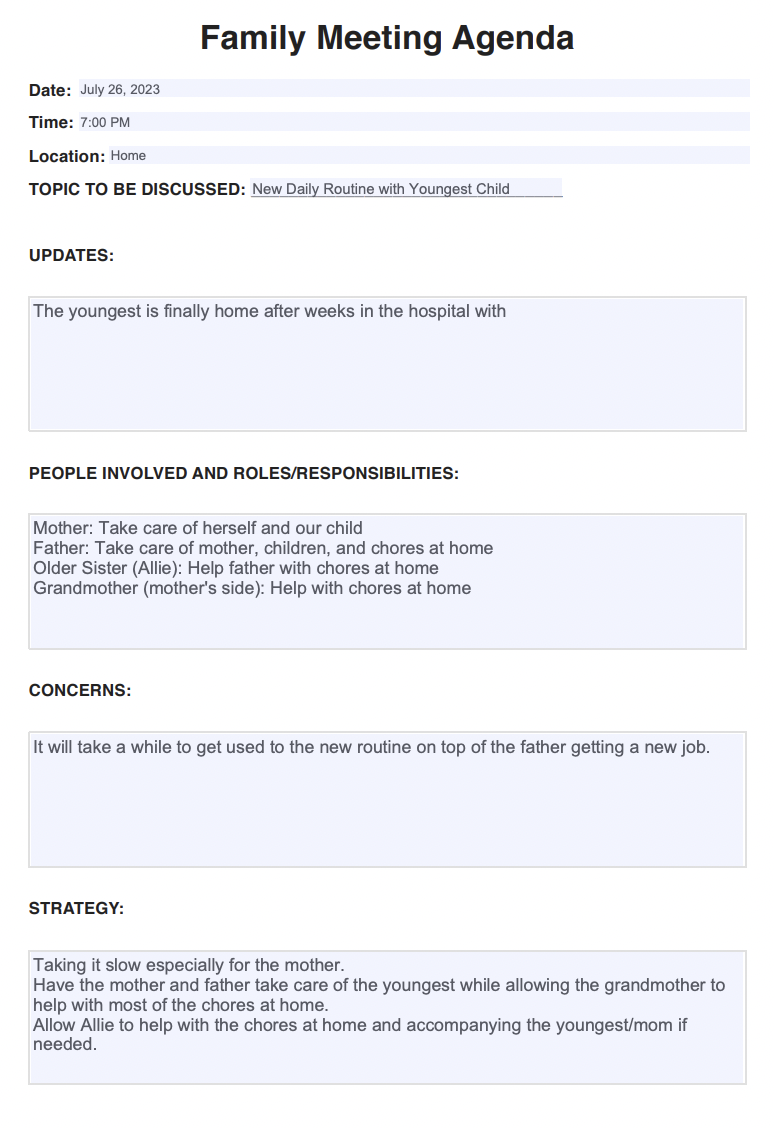 Family Meeting Agenda Example Free PDF Download