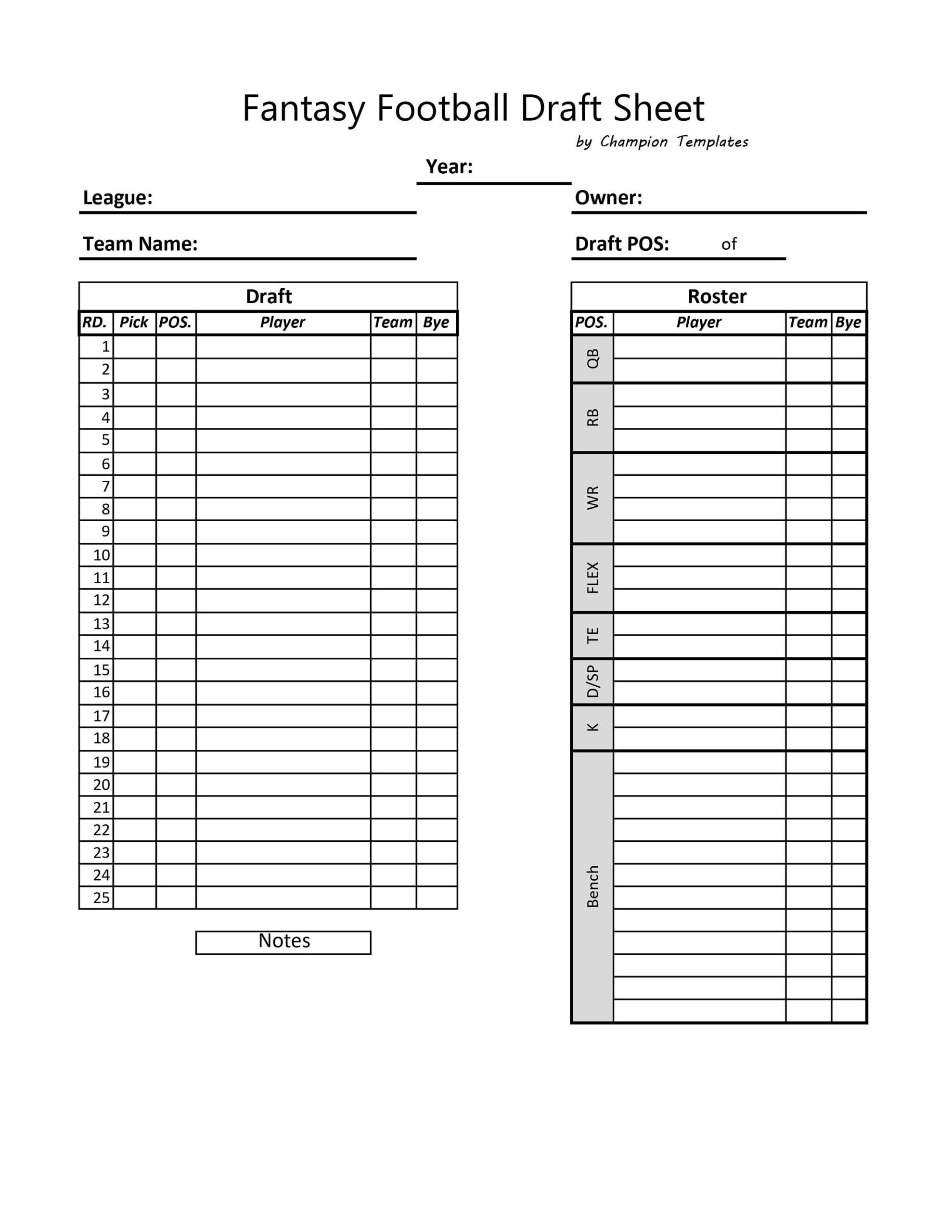 Fantasy Football Draft Day Sheet Template Etsy Sweden