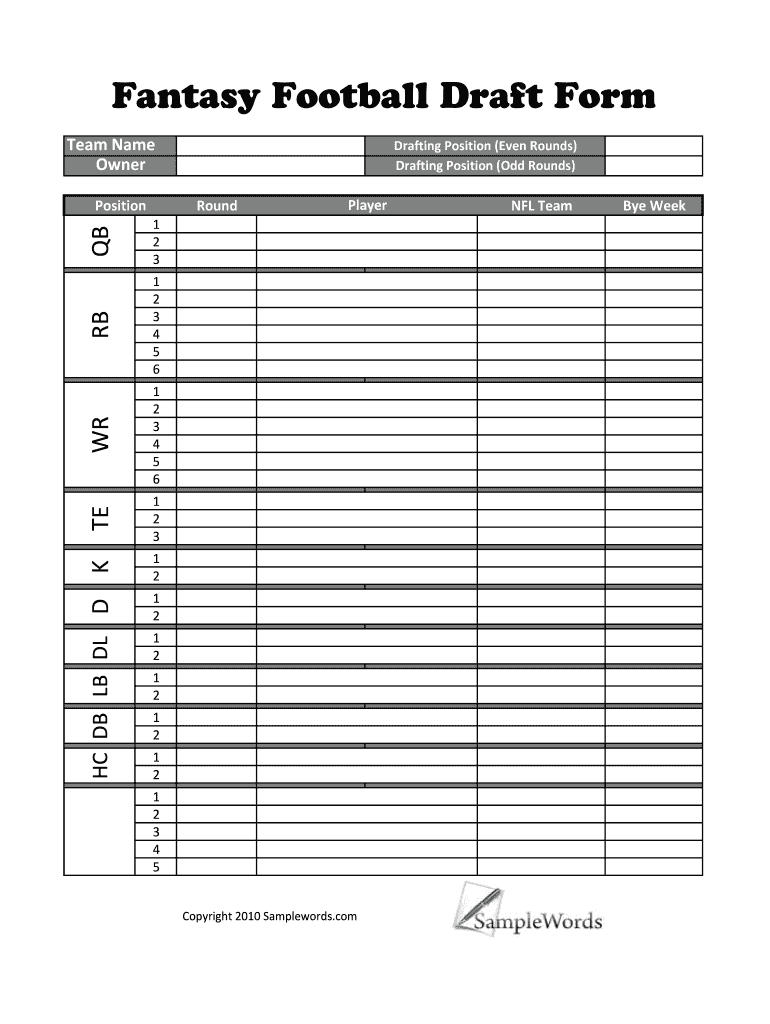 Printable Fantasy Football Draft Sheet Template