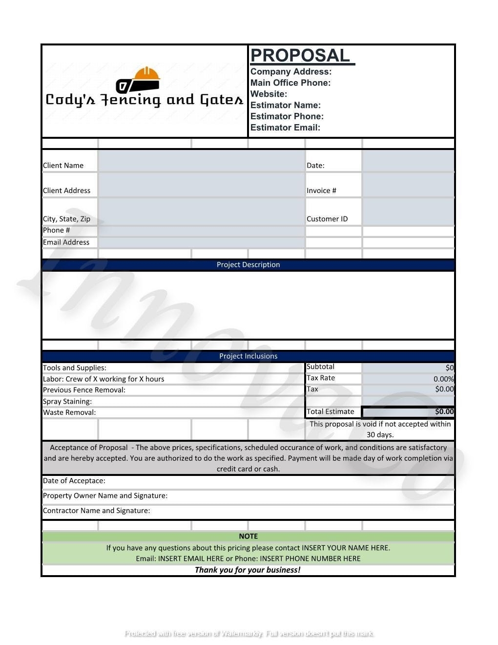 Fencing Estimate Template Fence Quote Template Fence Proposal Template Fence Repair Template Etsy