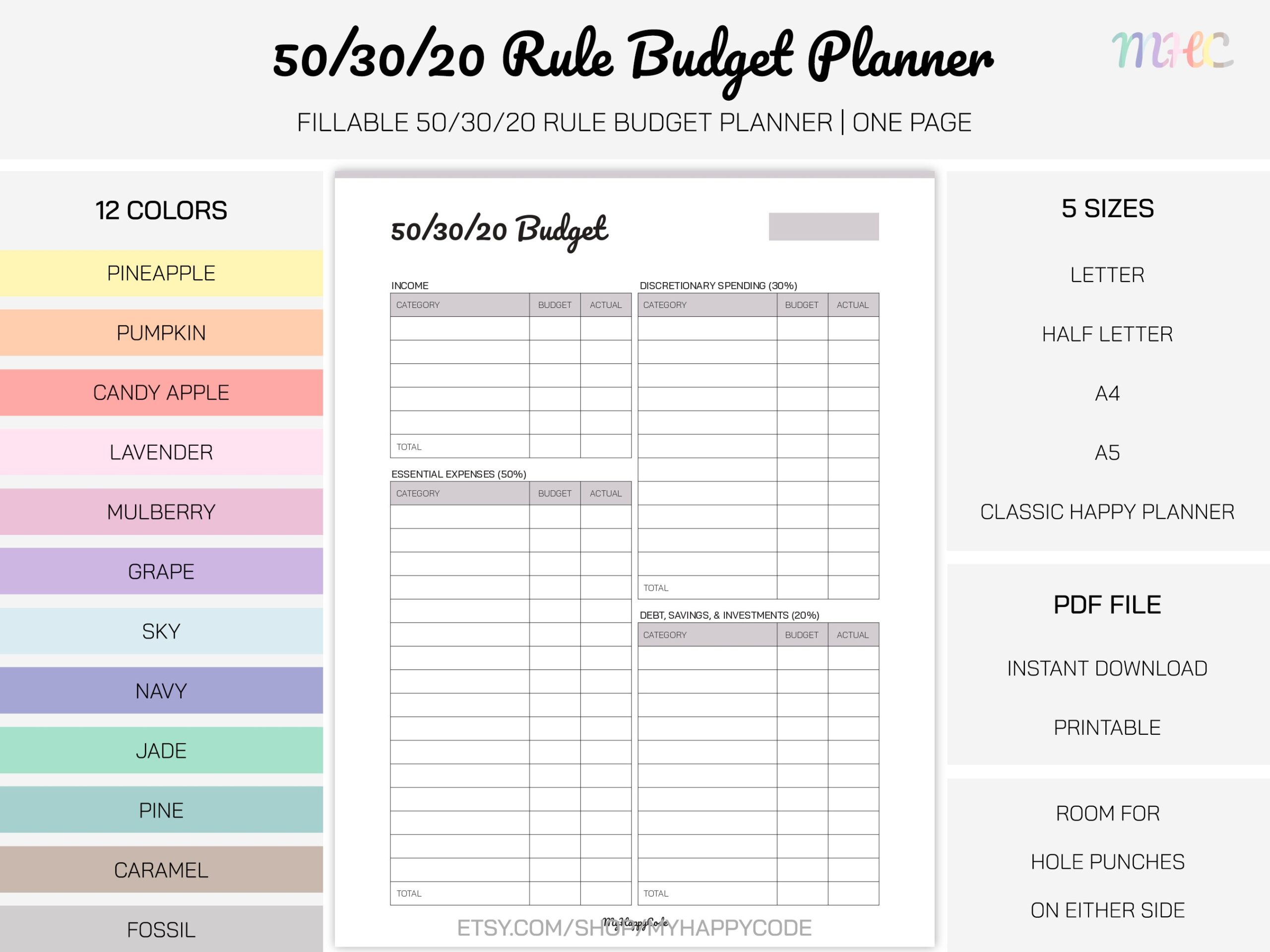 Fillable 50 30 20 Rule Budget Planner Printable 50 30 20 Budget Printable Family Budget Planner Monthly Budget Planner Personal Budget Etsy