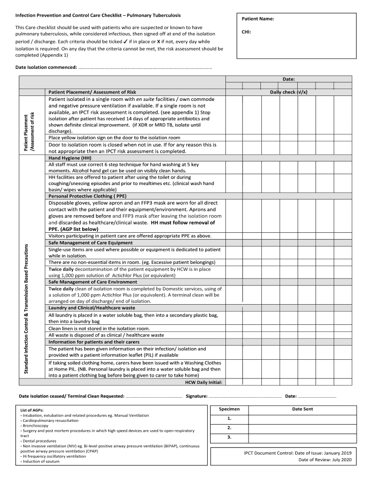 Fillable Online Infection Prevention And Control Care Checklist Pulmonary Fax Email Print PdfFiller