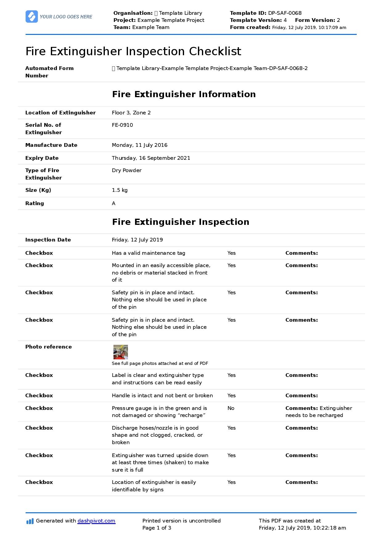 Printable Fire Inspection Checklist Template