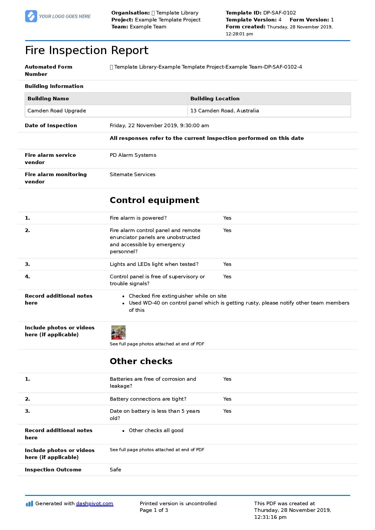 Printable Fire Inspection Checklist Template