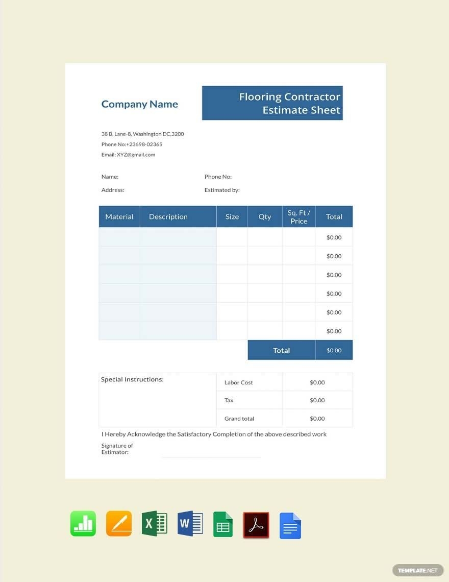 Flooring Contractor Estimate Sheet Template In Excel Word Google Sheets Pages PDF Numbers Google Docs Download Template