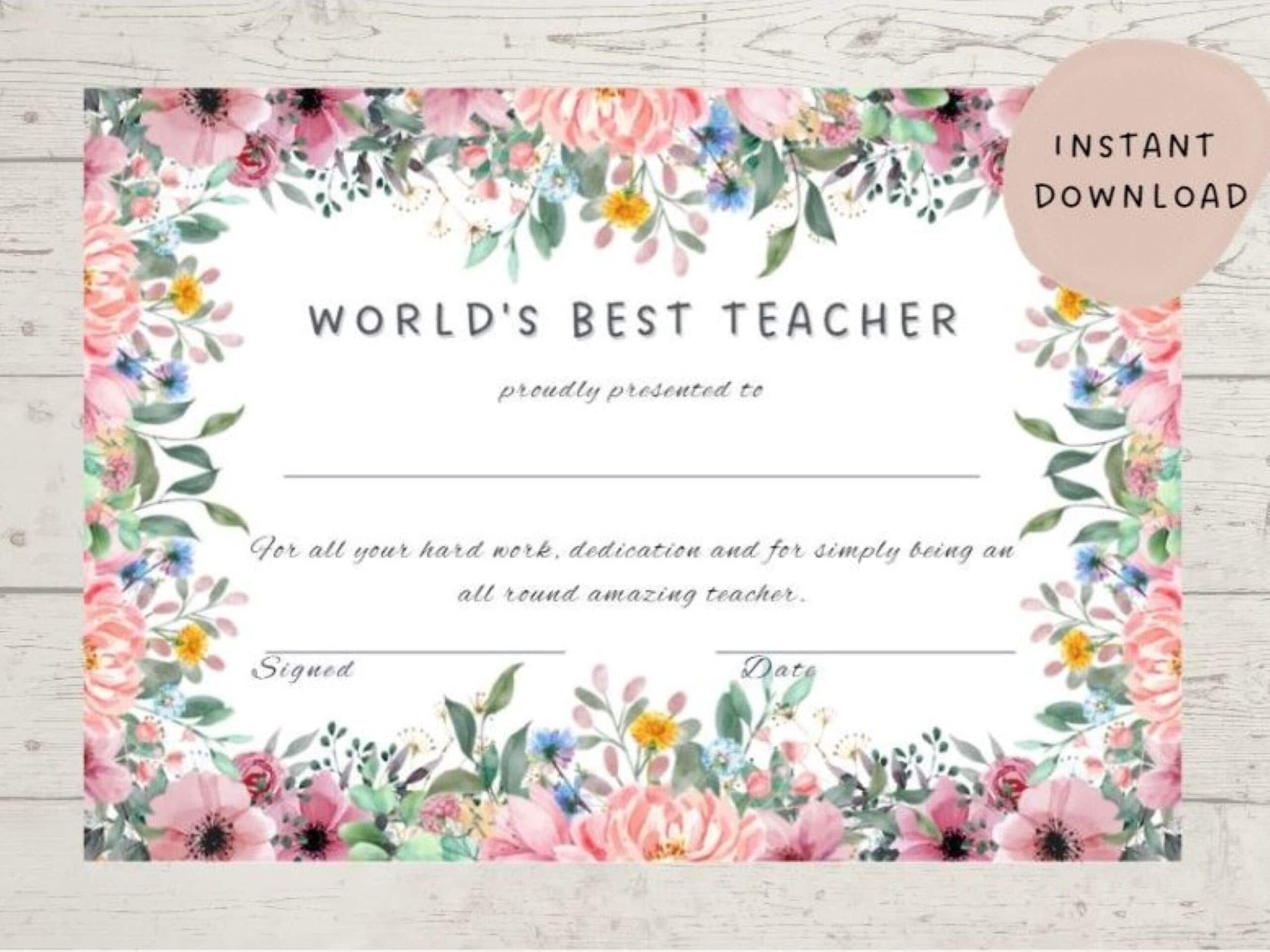 Floral Best Teacher Certificate Template Editable Teacher Appreciation Teacher Gift Personalised Teacher Award Printable Best Teacher Etsy