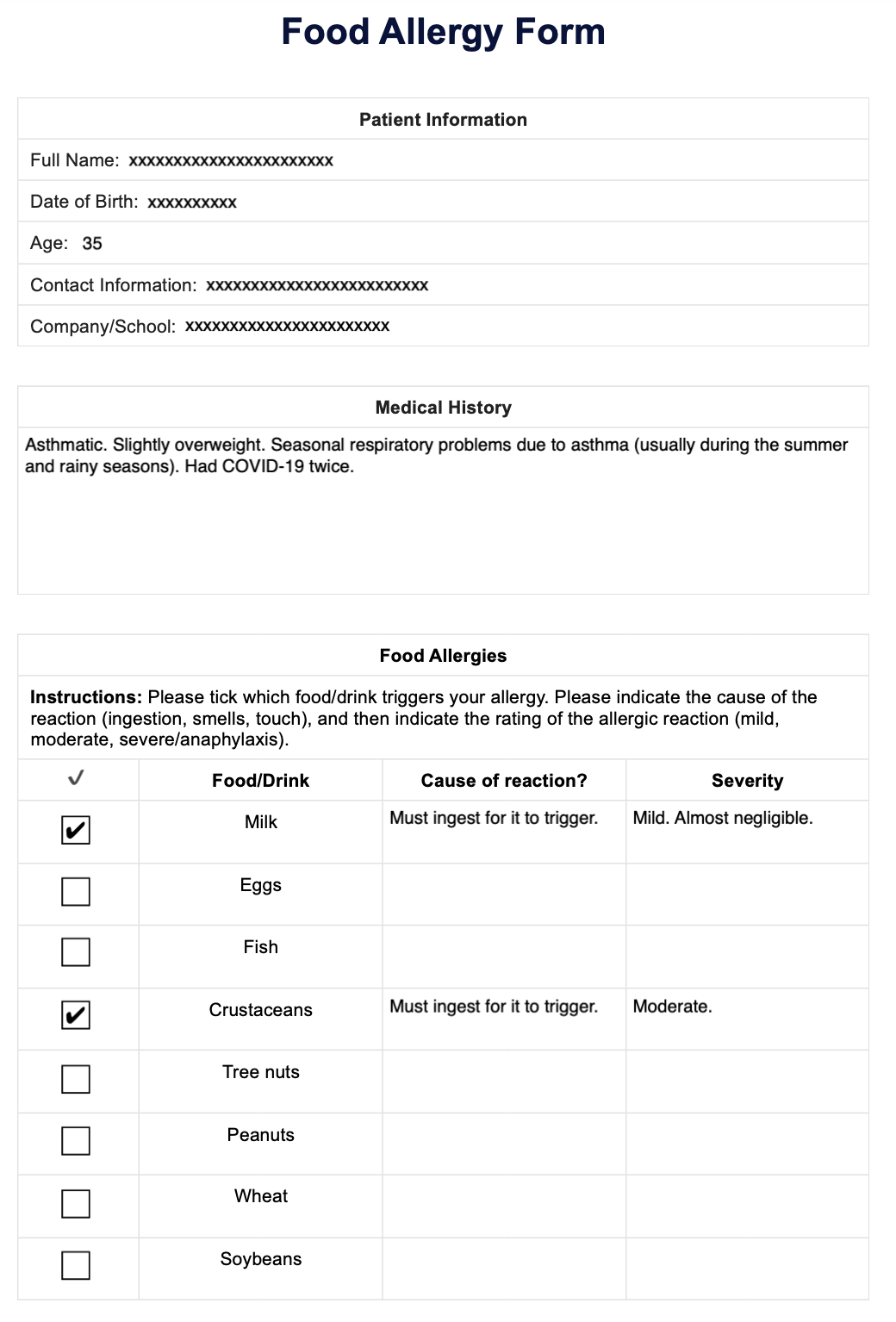 Food Allergy Form Example Free PDF Download