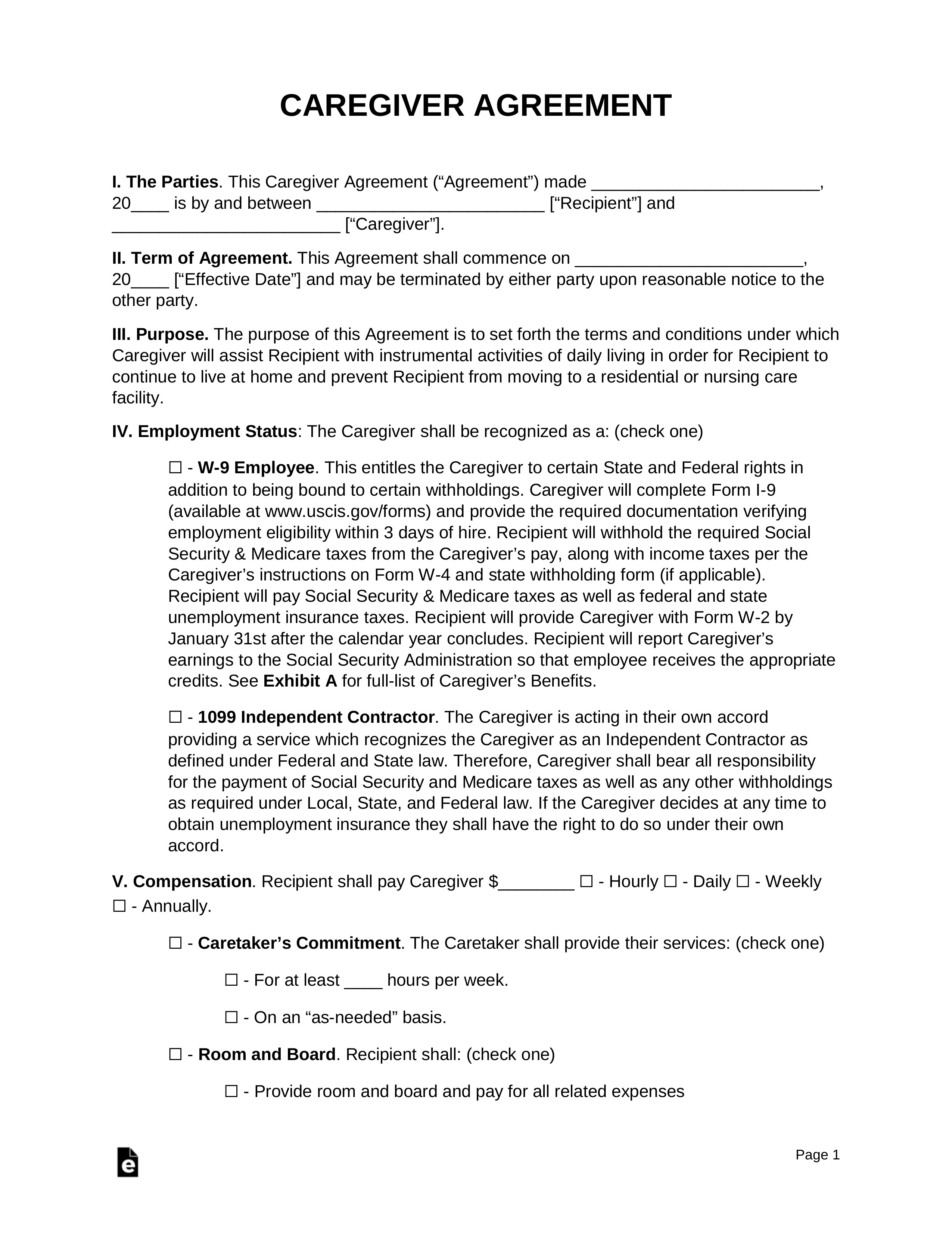 Printable Caregiver Contract Template