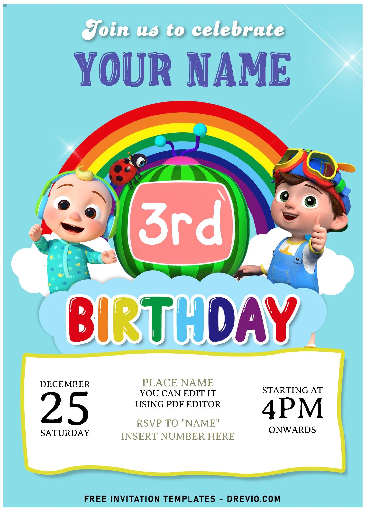 Free Editable PDF Lovely Rainbow Cocomelon Birthday Invitation Templates Download Hundreds FREE PRINTABLE Birthday Invitation Templates