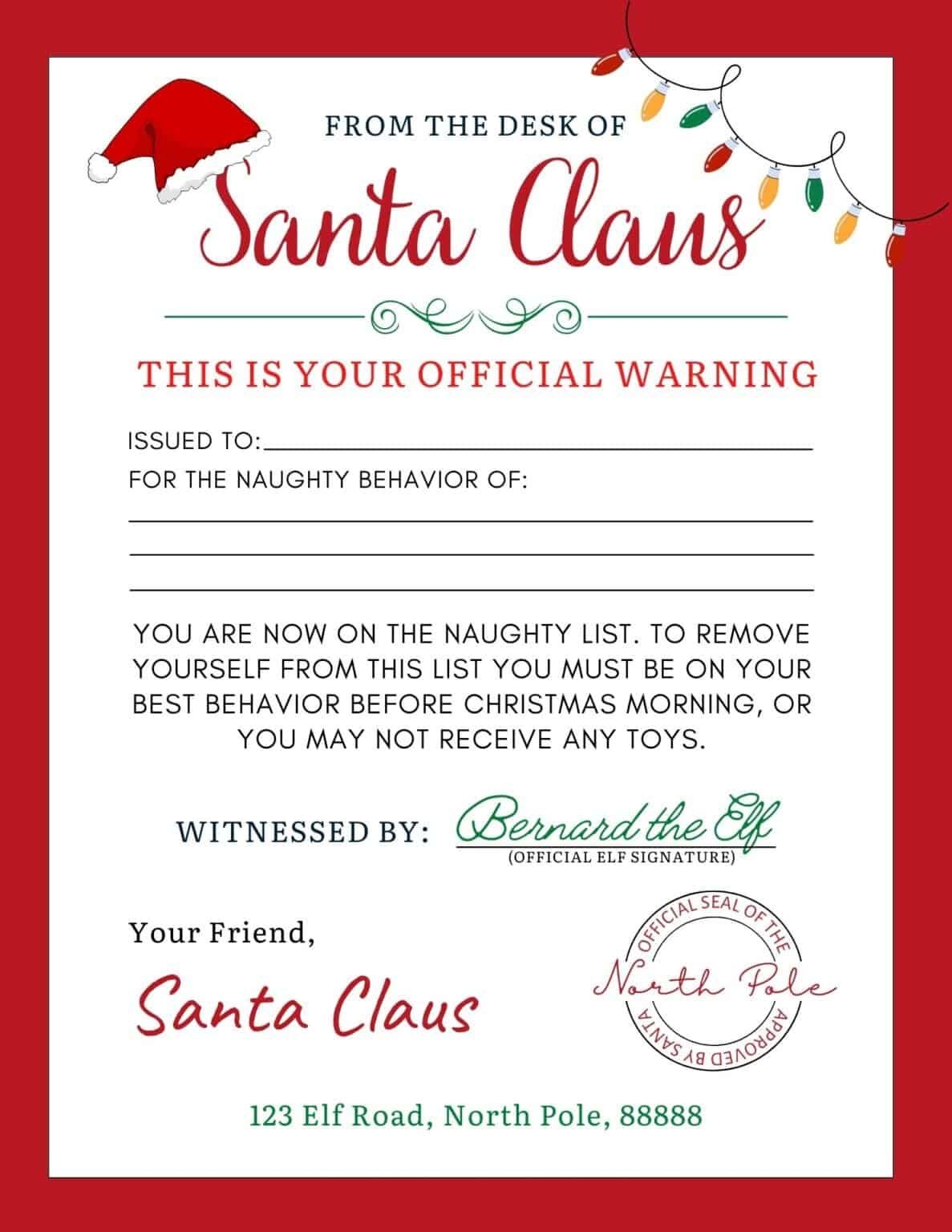 Free Editable Warning Letter From Santa Claus Santa Letter Template Santa Template Santa Letter Printable