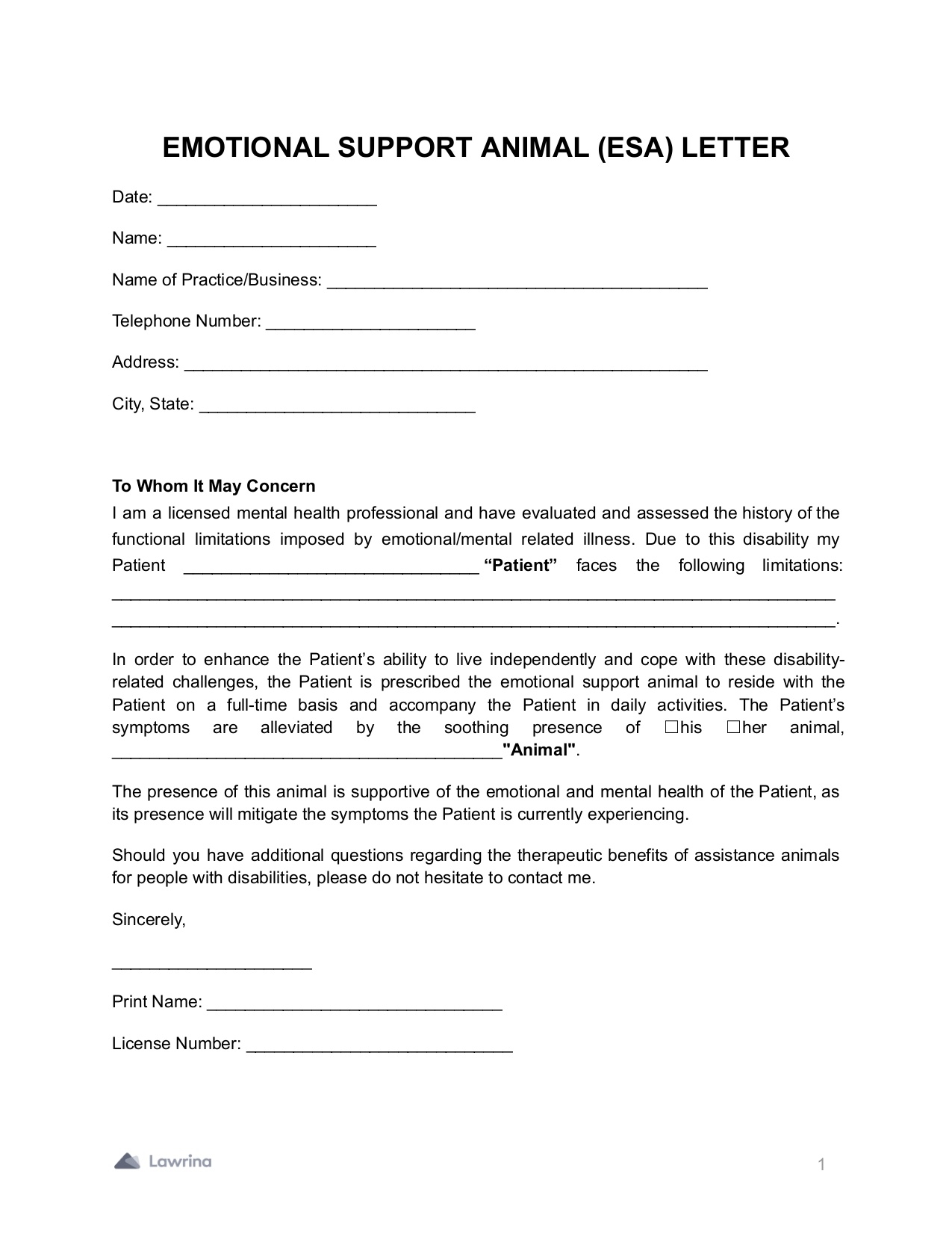 Free Printable Esa Letter Template