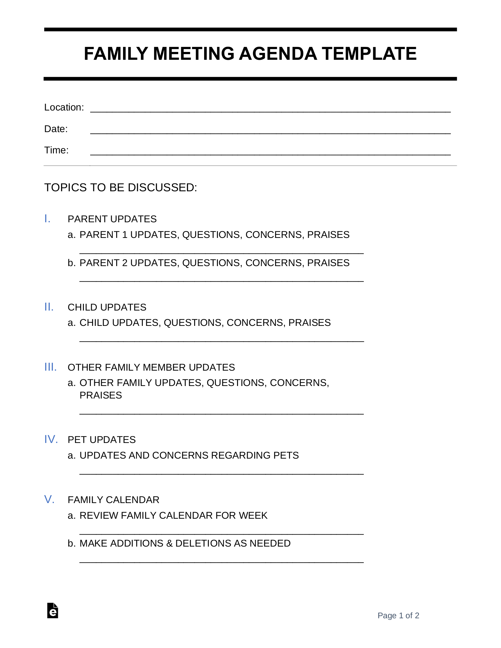 Free Family Meeting Agenda Template Sample PDF Word EForms