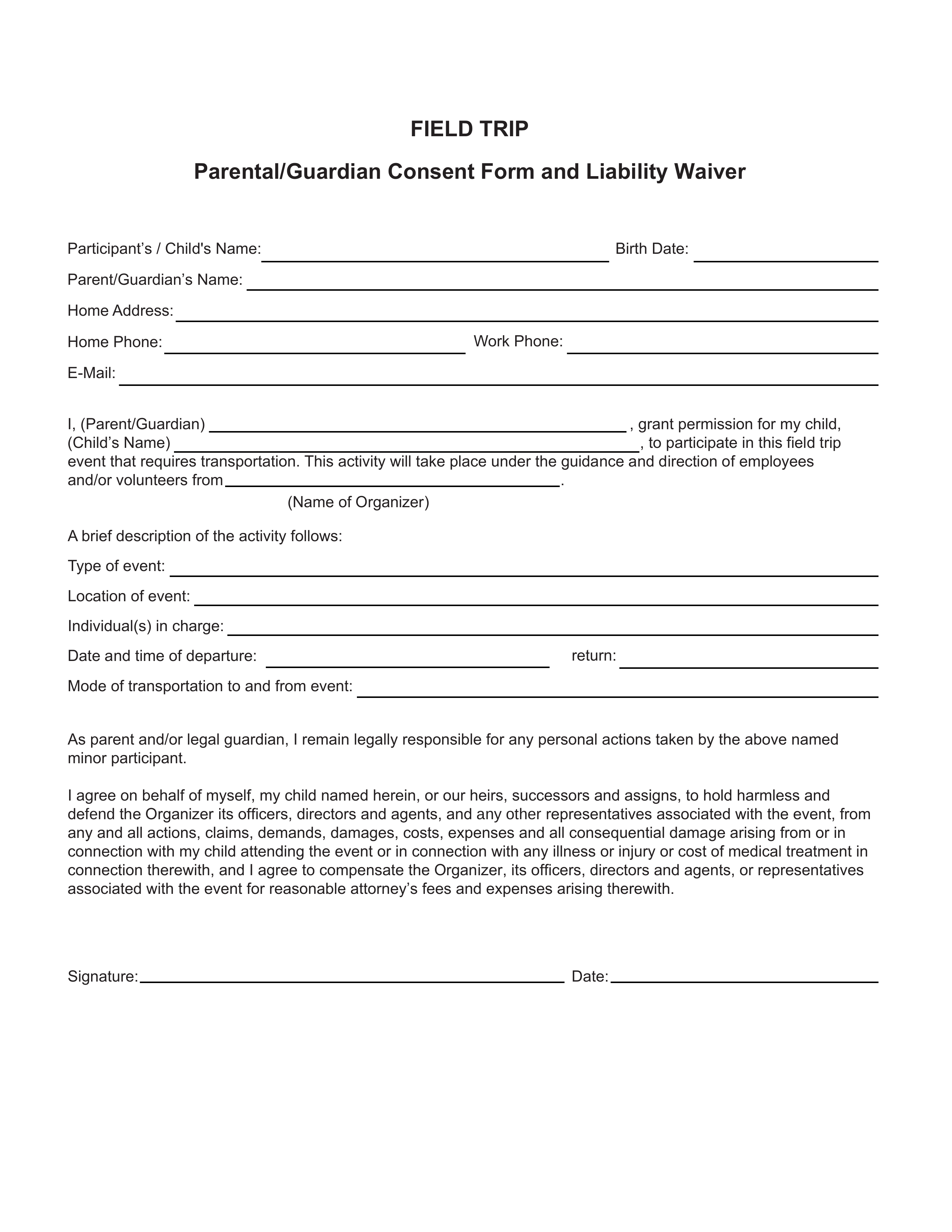 Printable Field Trip Permission Slip Template