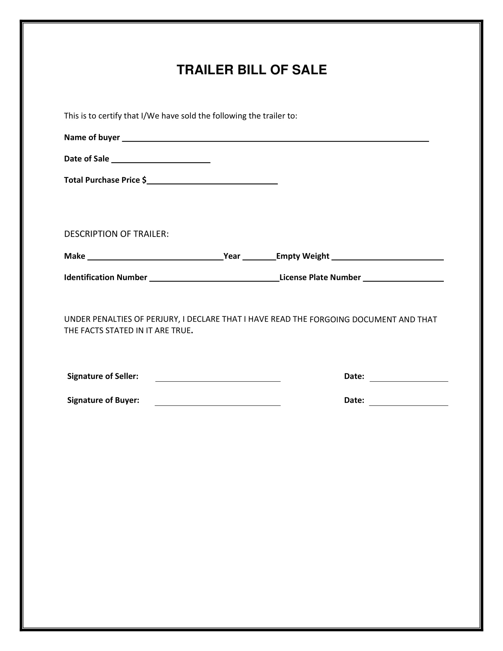 Free Printable Bill Of Sale Template For Trailer