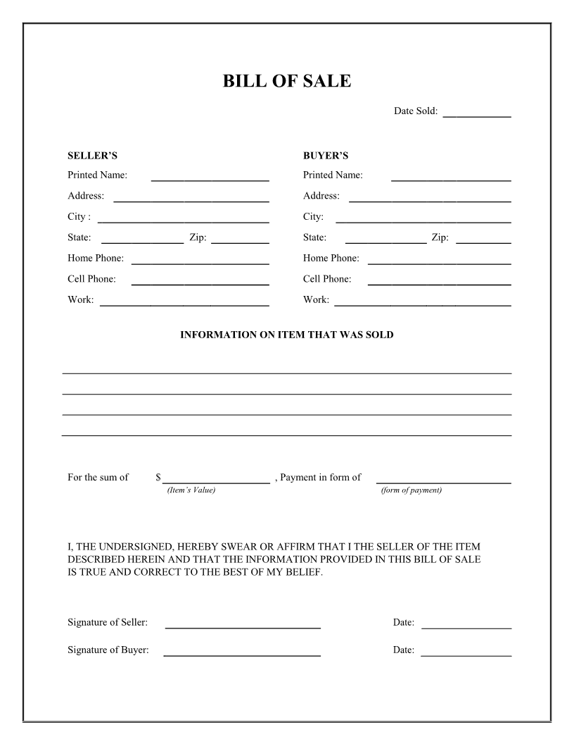 Printable General Bill Of Sale Template Word