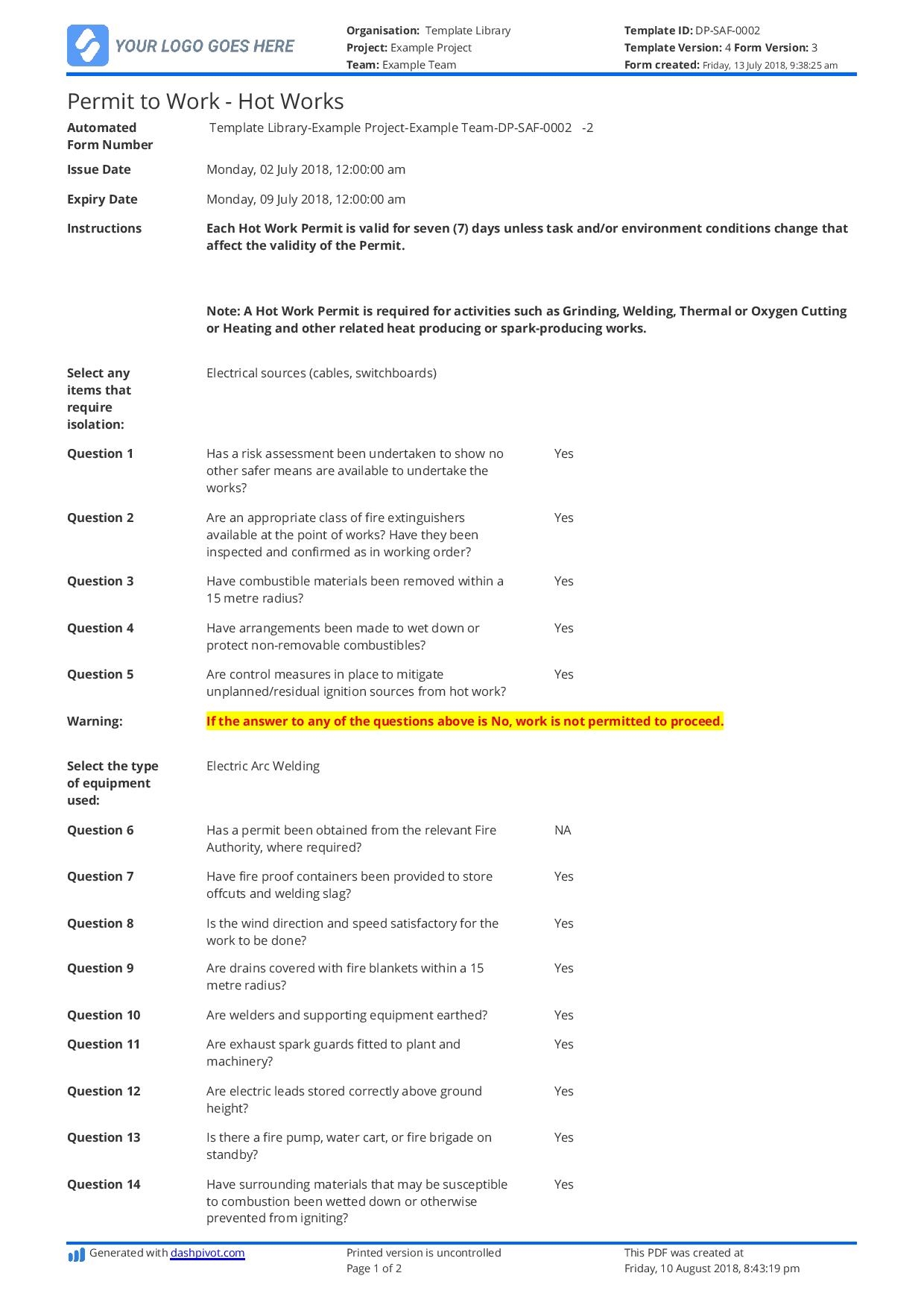 Free Hot Works Permit Template better Than Word And PDF 
