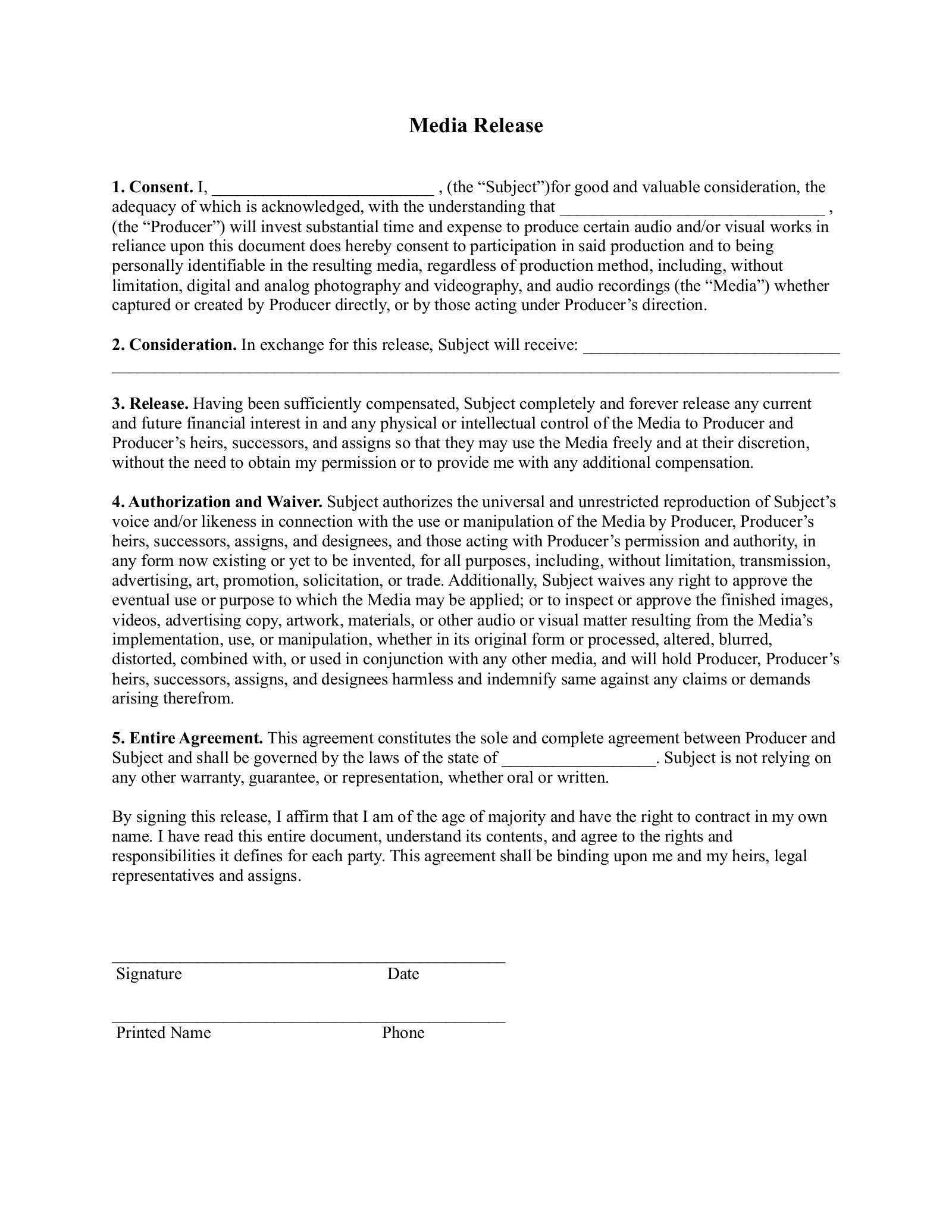 Free Media Liability Release Form PDF Word EForms