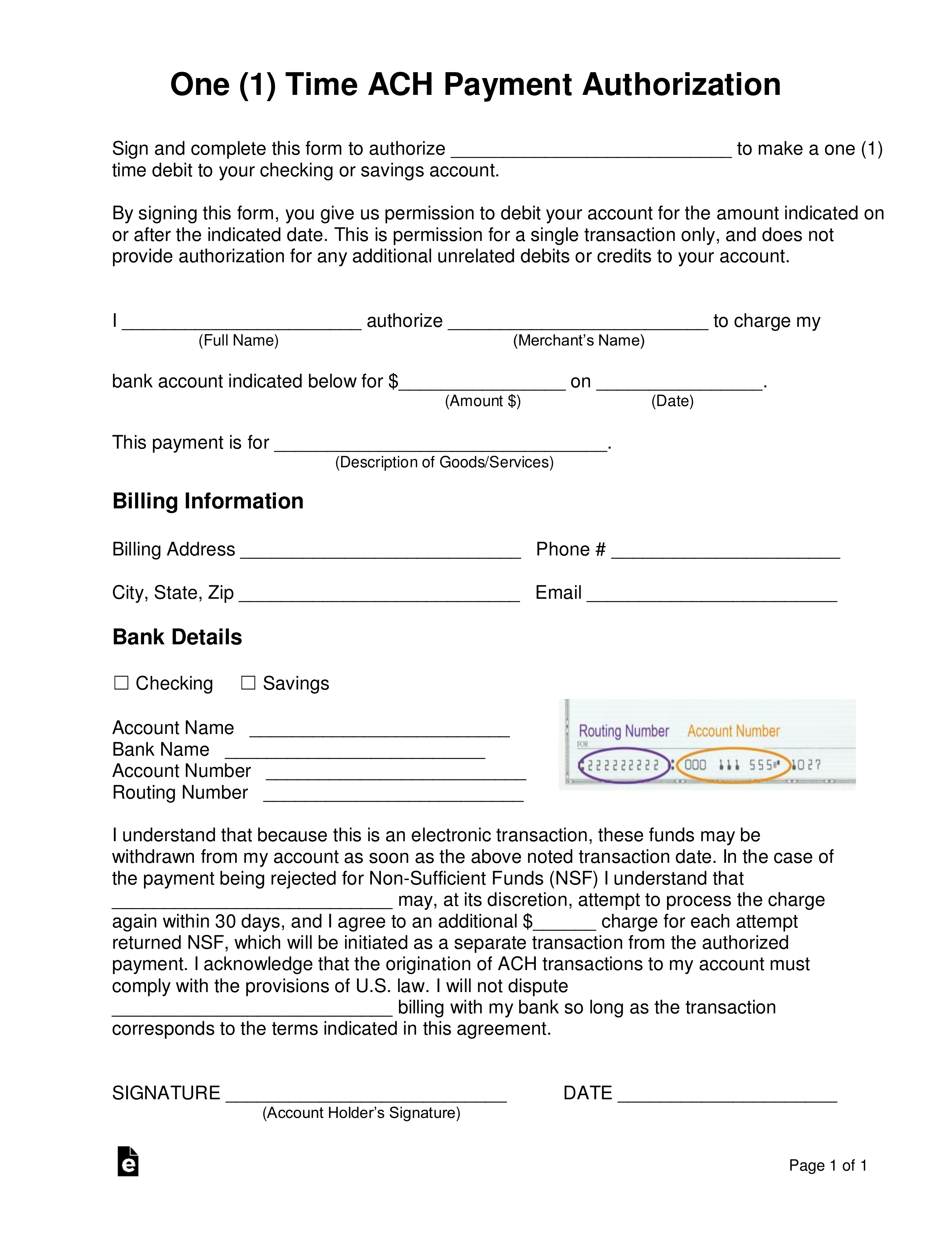 Printable Ach Form Template