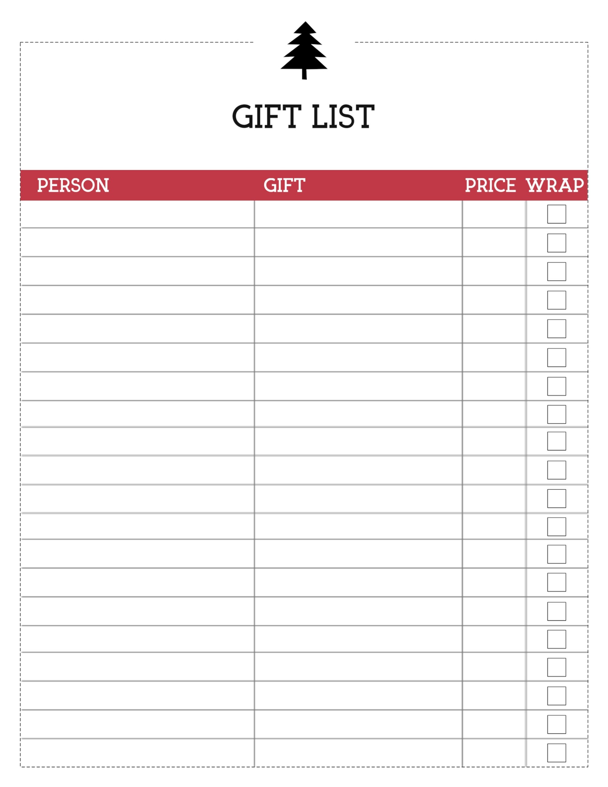 Christmas Gift List Template Printable