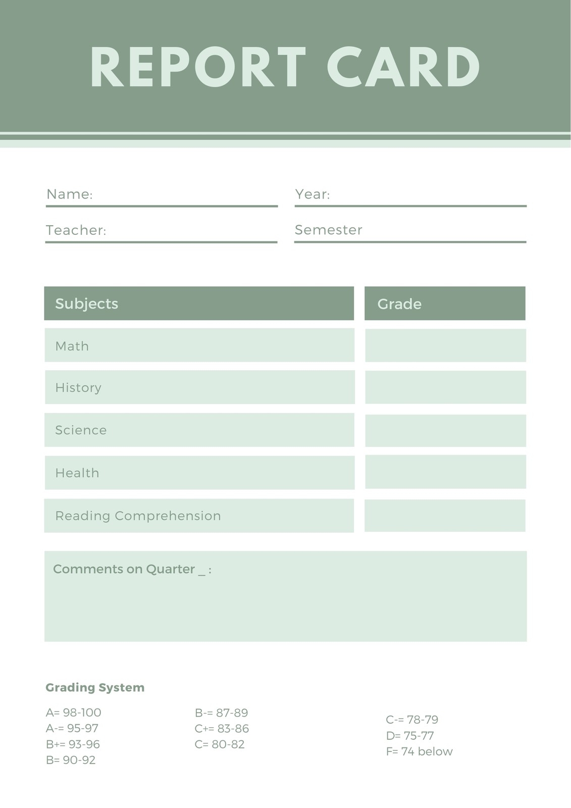 Printable Downloadable Report Card Template