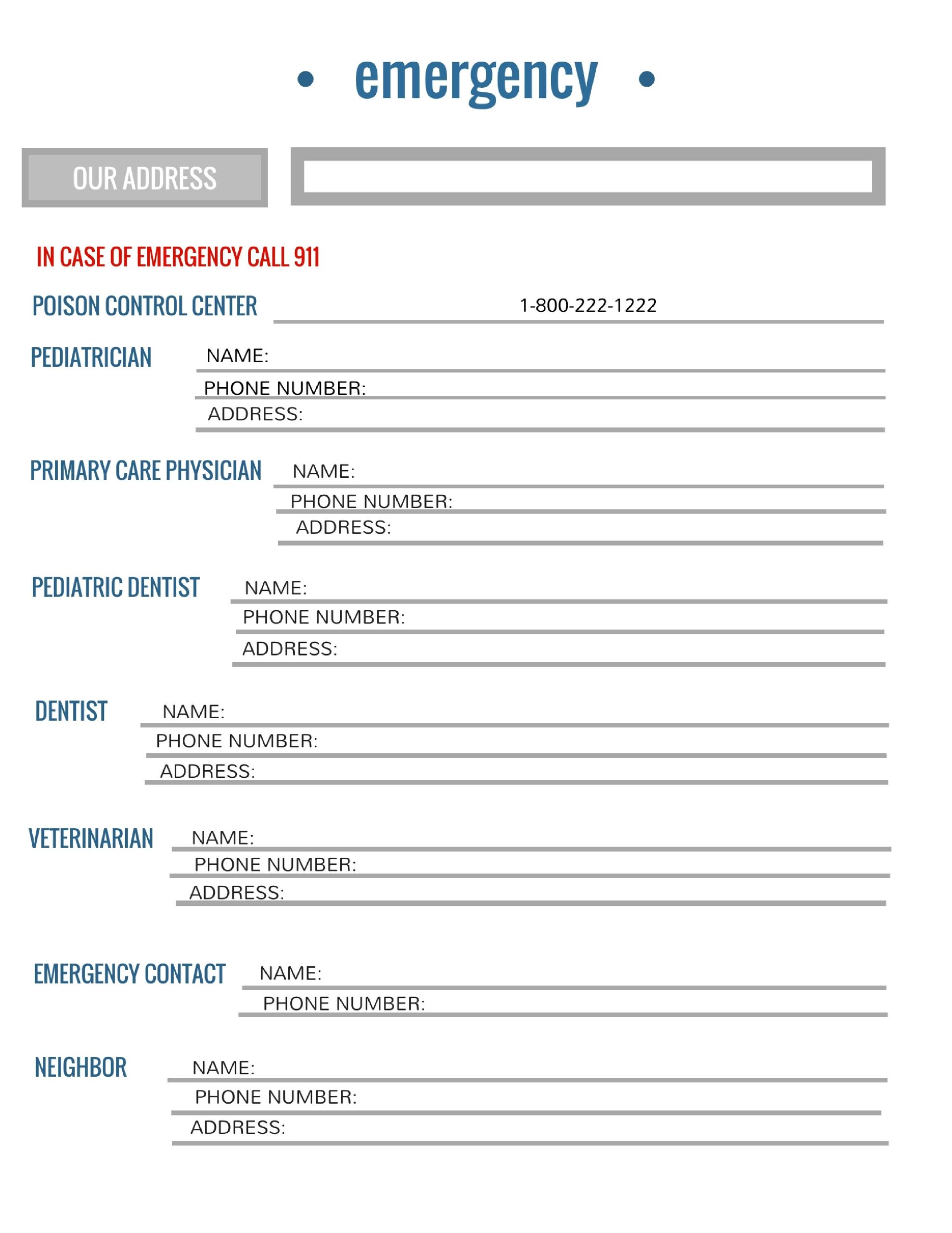 Printable Emergency Phone Numbers List Template