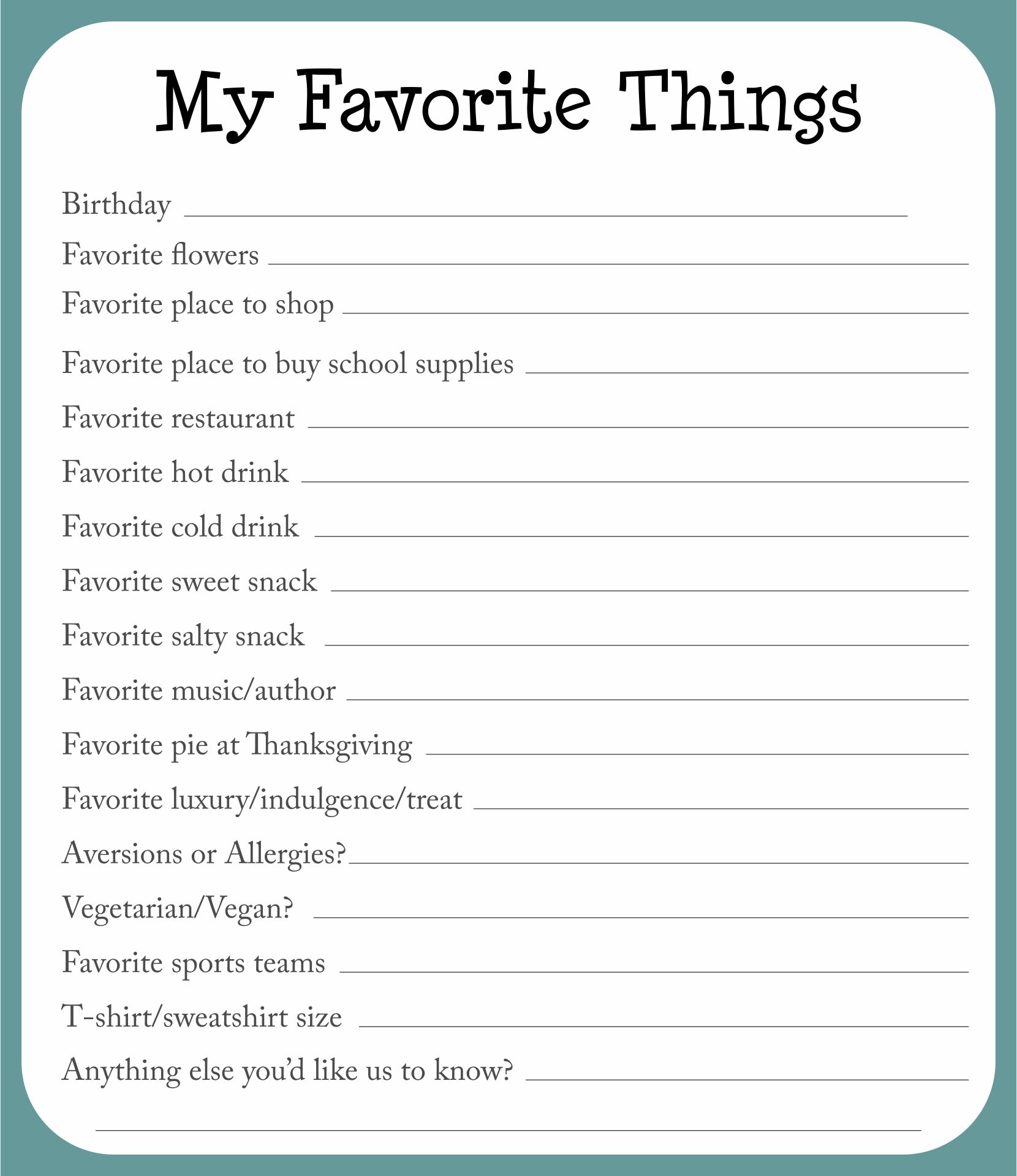 Template My Favorite Things List Free Printable