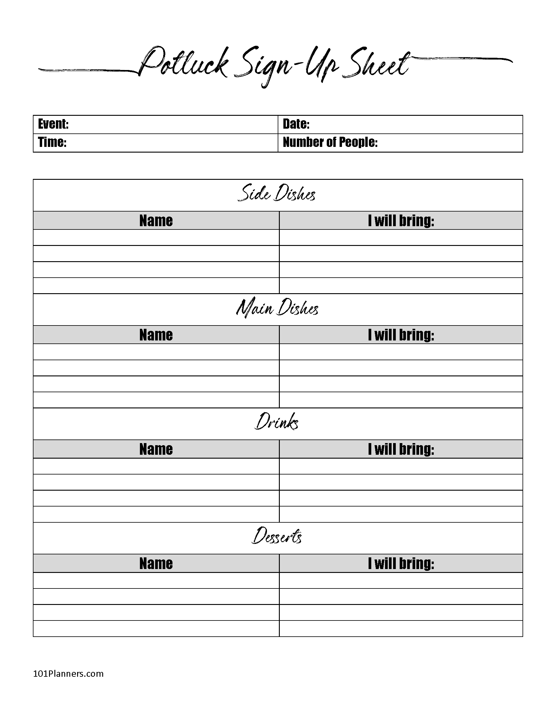 Free Printable Potluck Sign Up Sheet Template Word