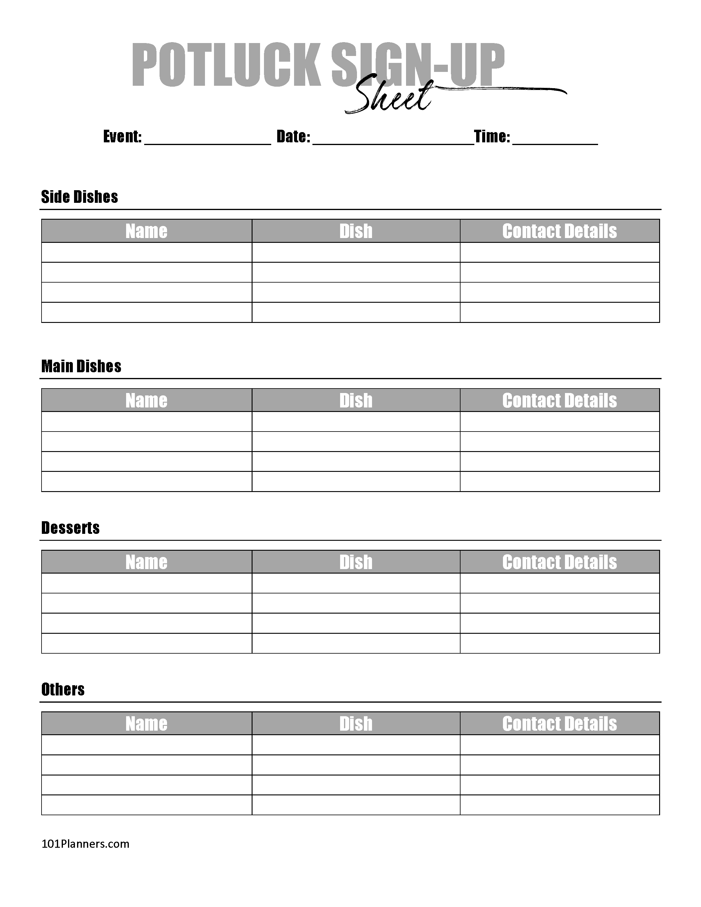 Free Printable Potluck Sign Up Sheet Template Word