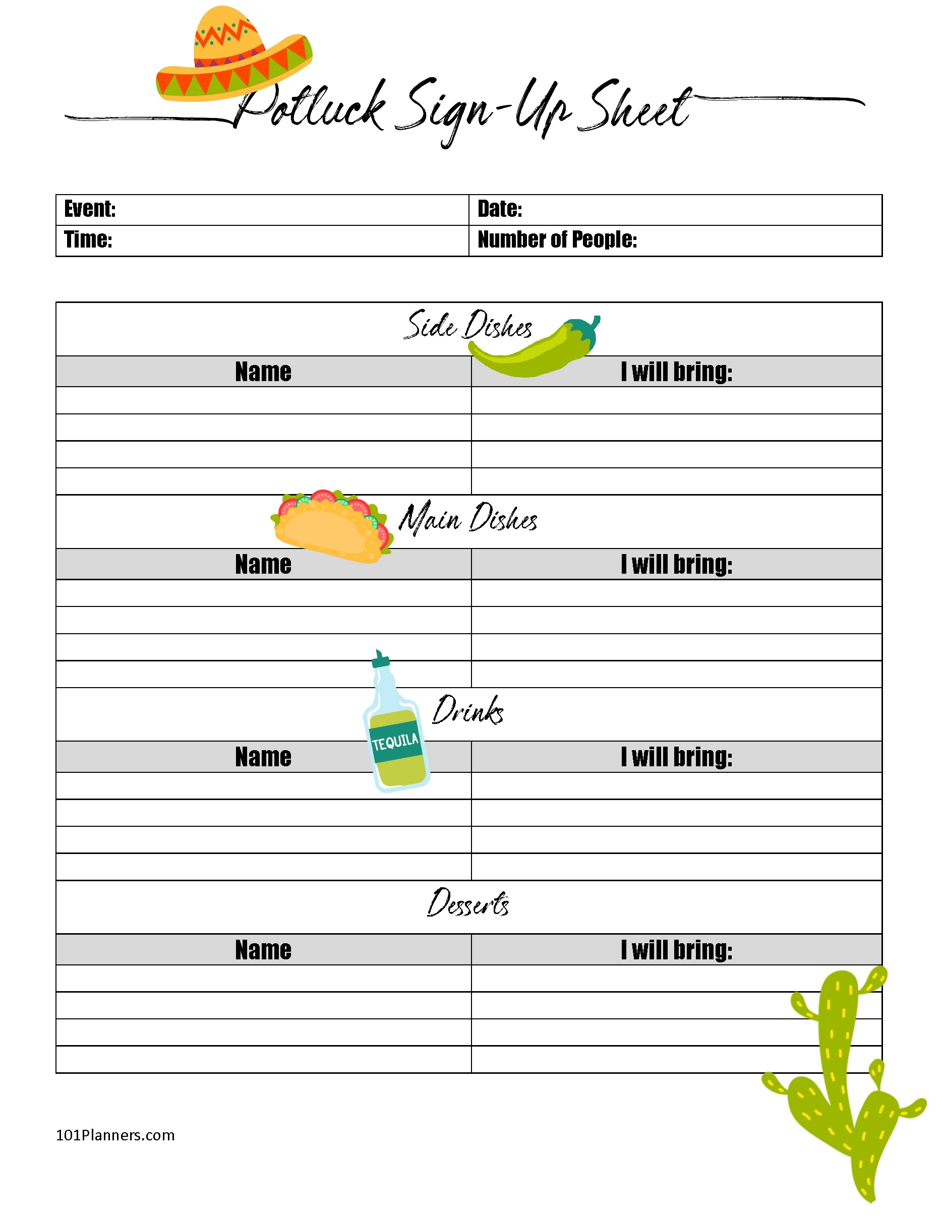 FREE Printable Potluck Sign Up Sheet Editable