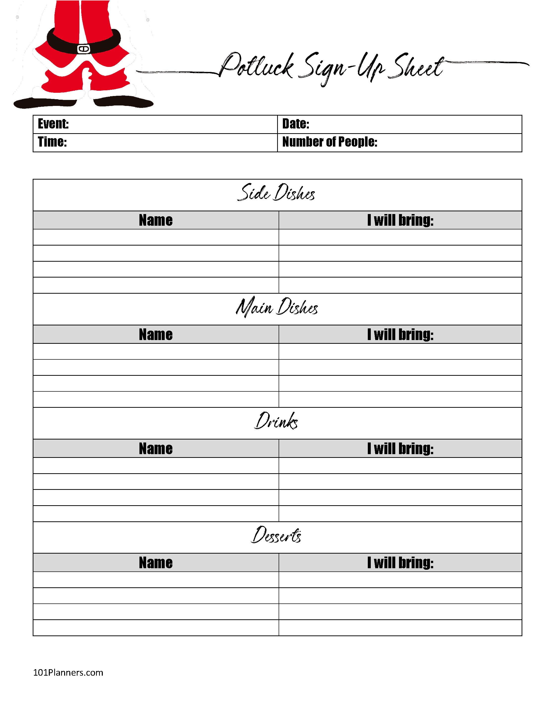 FREE Printable Potluck Sign Up Sheet Editable