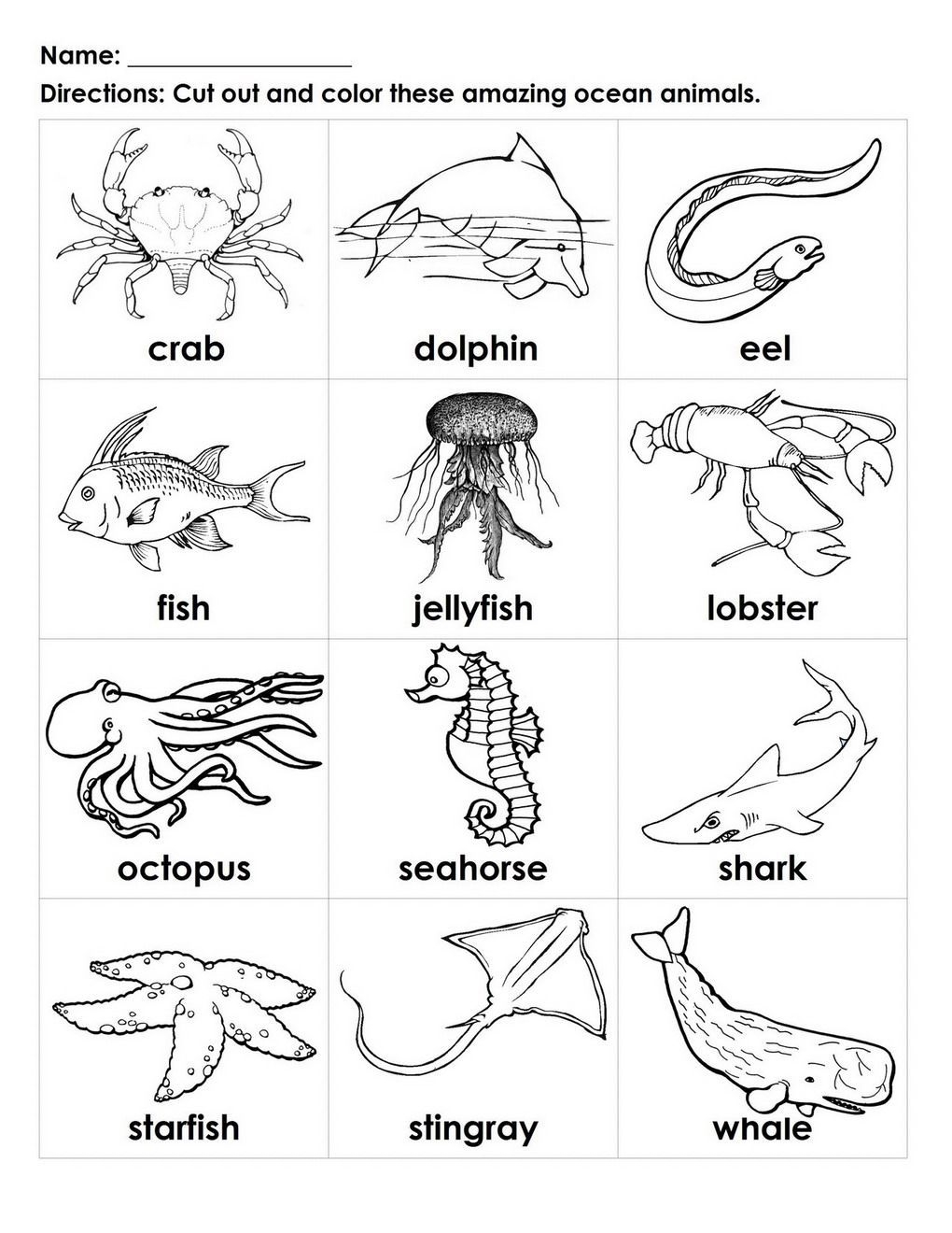 Free Printable Sea Creatures Flashcards Flashcards Sea Animals Preschool Animals Black And White Ocean Animals