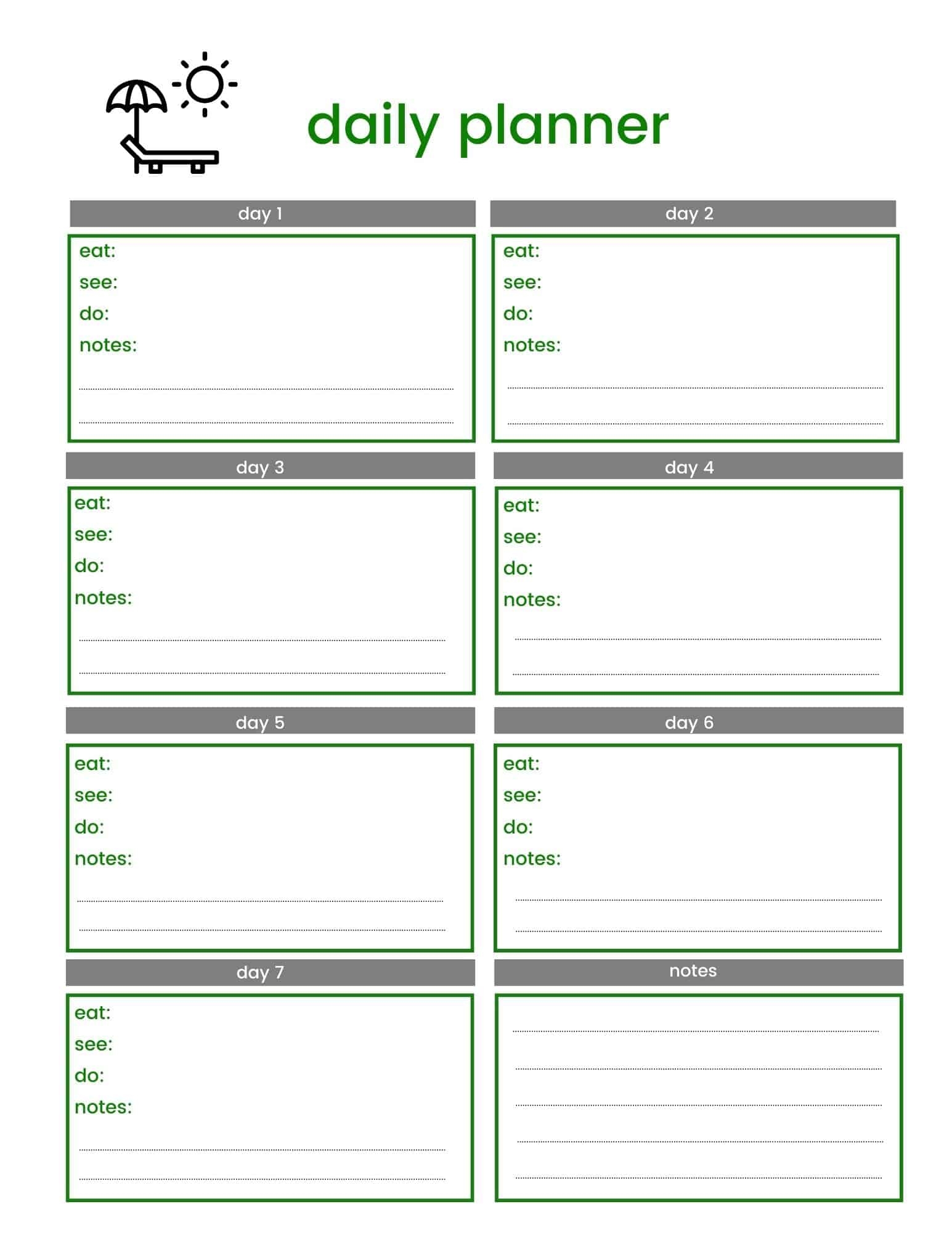 Downloadable Free Printable Vacation Planner Template
