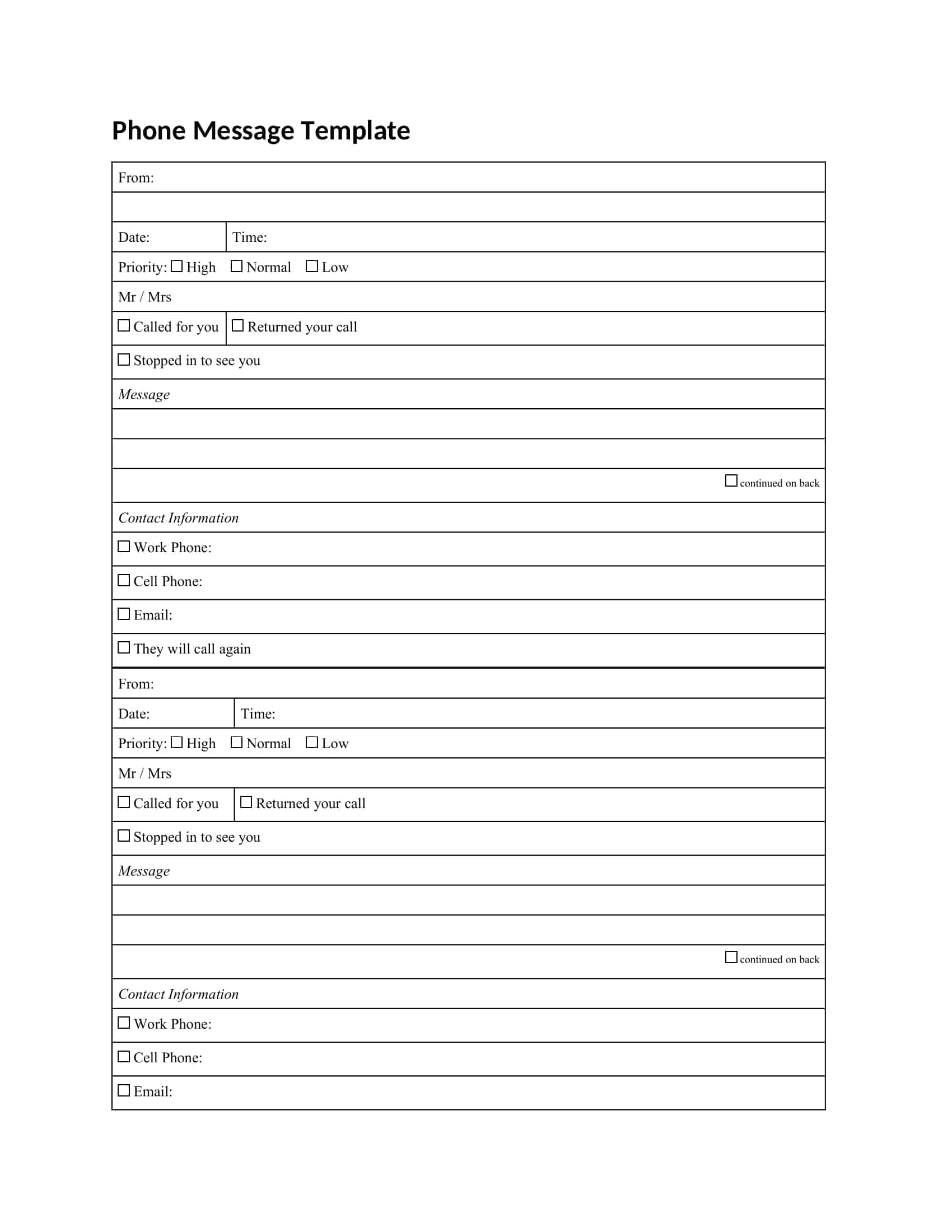 Printable Phone Message Template Word