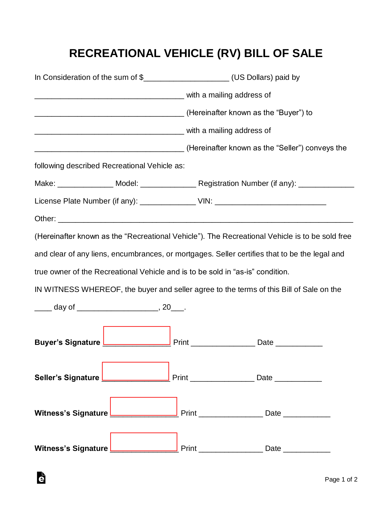 Printable Travel Trailer Camper Bill Of Sale Template