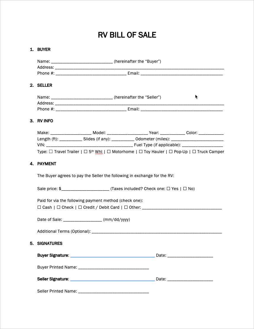 Printable Travel Trailer Camper Bill Of Sale Template