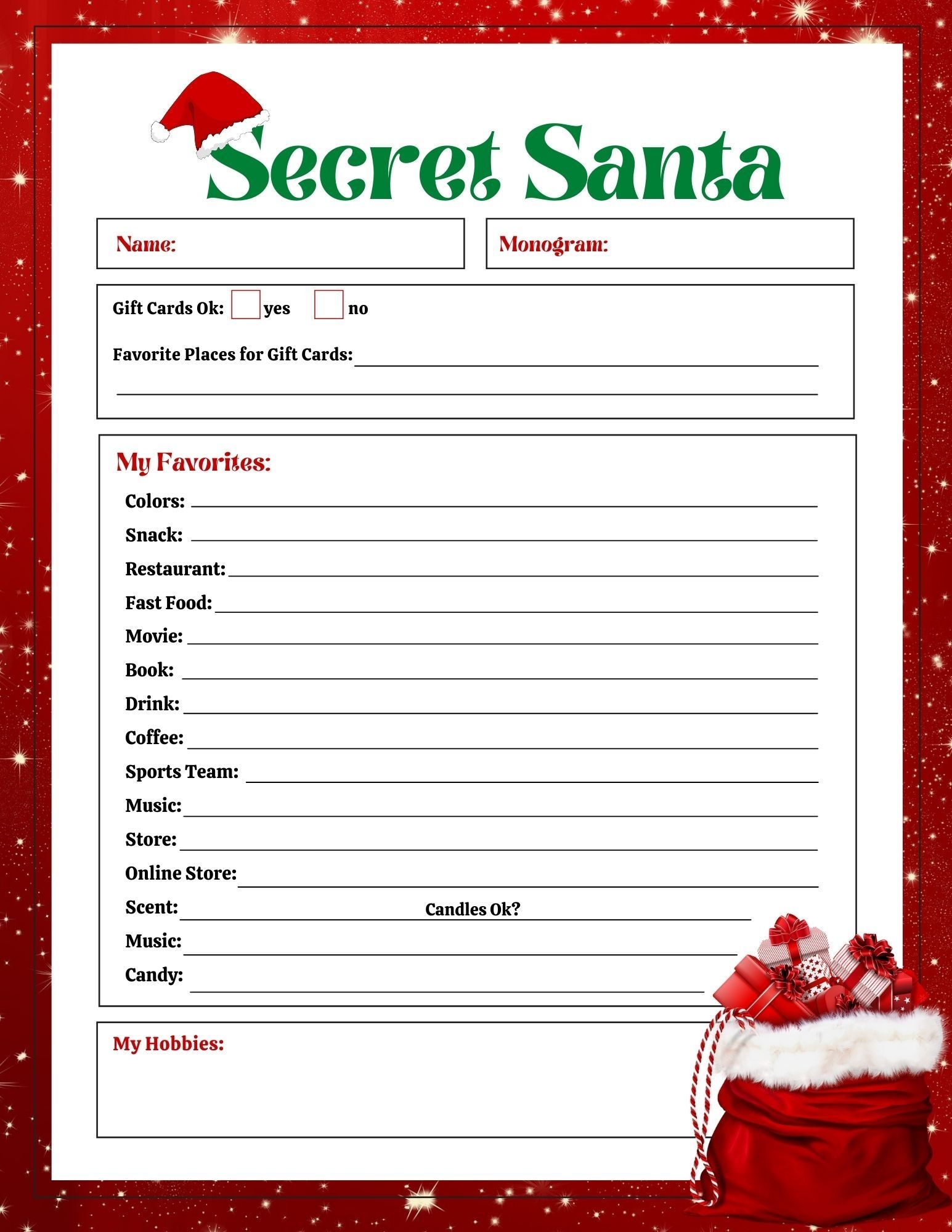 FREE Secret Santa List Printable Questionnaire 2 Options Secret Santa List Secret Santa Santa List