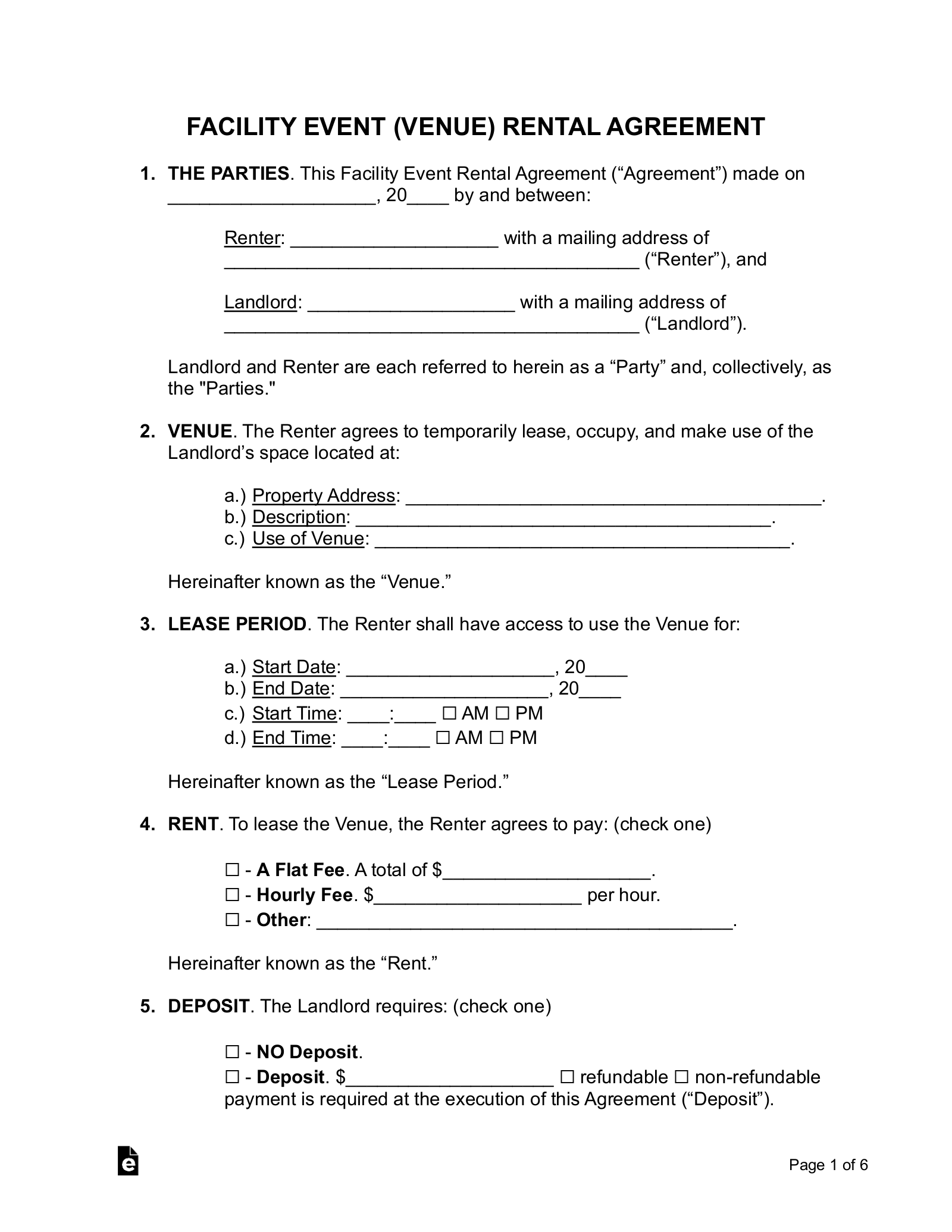 Free Venue Event Space Rental Agreement Template PDF Word EForms