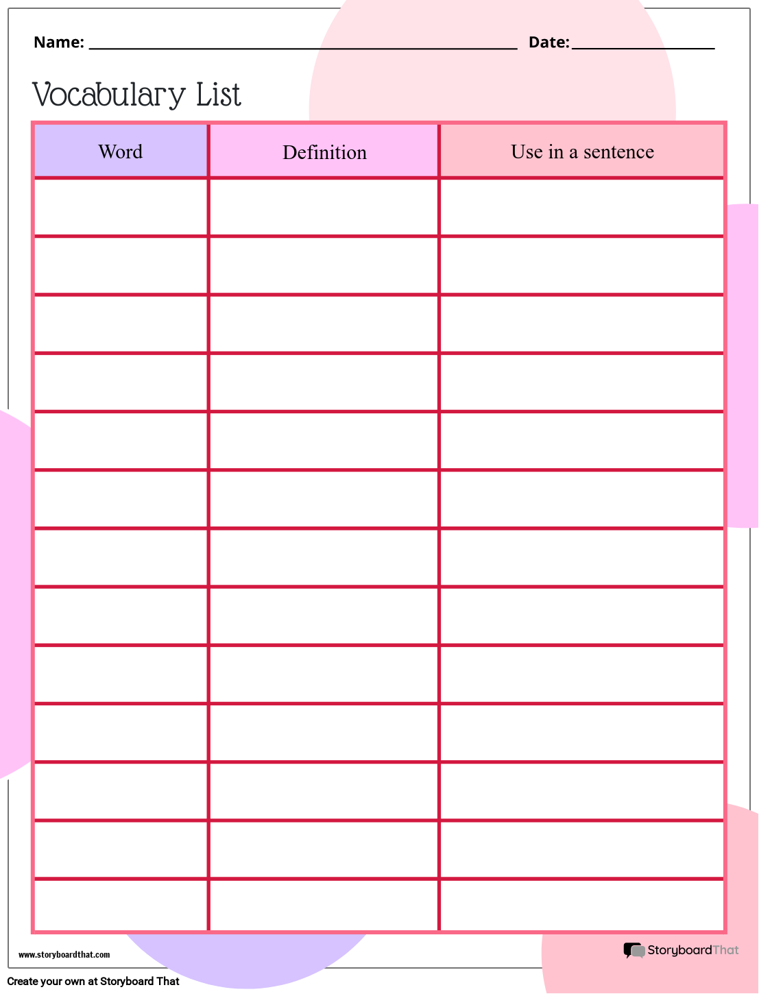 Printable Blank Vocabulary Worksheet Template