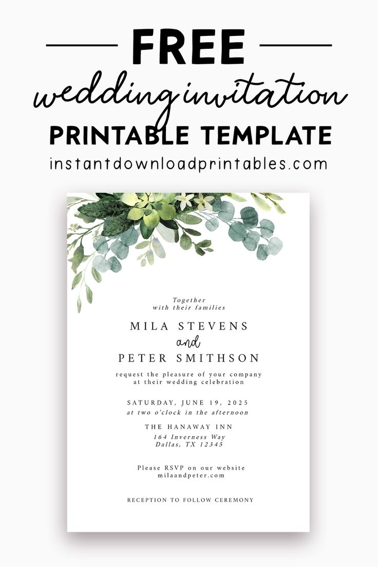 Free Wedding Invitation Template Eucalyptus Green Leaves Instant Download Printables Instant Download Printables Free Printable Wedding Invitation Templates Free Printable Wedding Invitations Free Wedding Printables