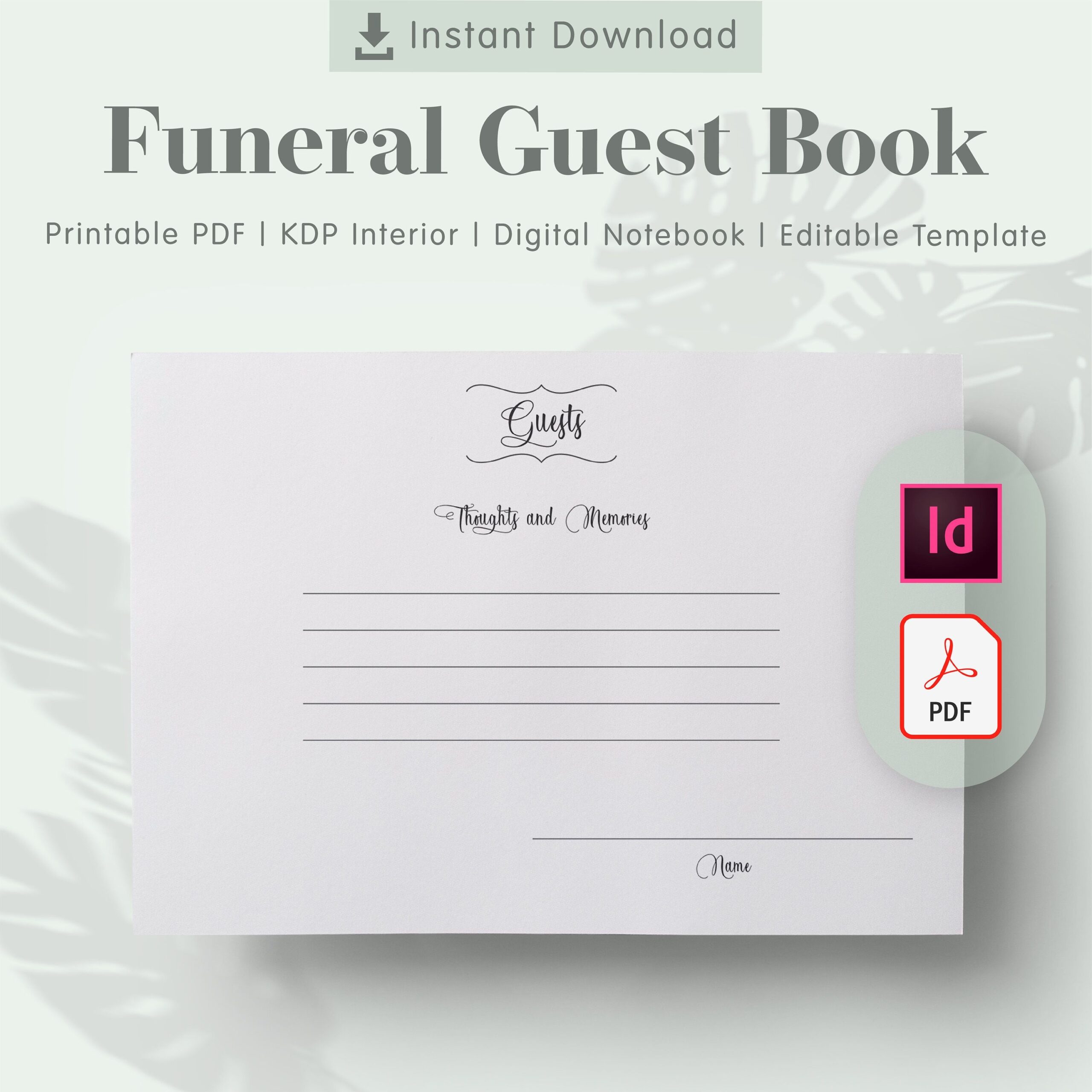 Funeral Guest Book Printable Template Size 8 25 X 6 In KDP Interiors Editable Printable PDF Indesign Editable Instant Download Etsy Funeral Guest Book Template Printable Guest Book