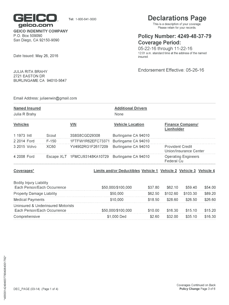 Geico Declaration Page Fill Online Printable Fillable Blank PdfFiller