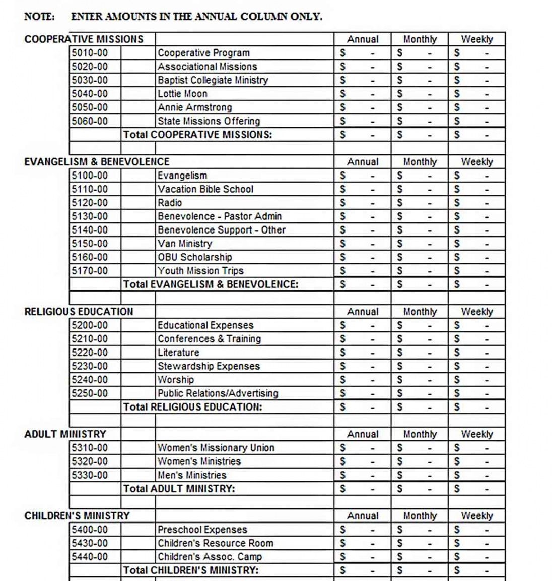 Printable Church Budget Template