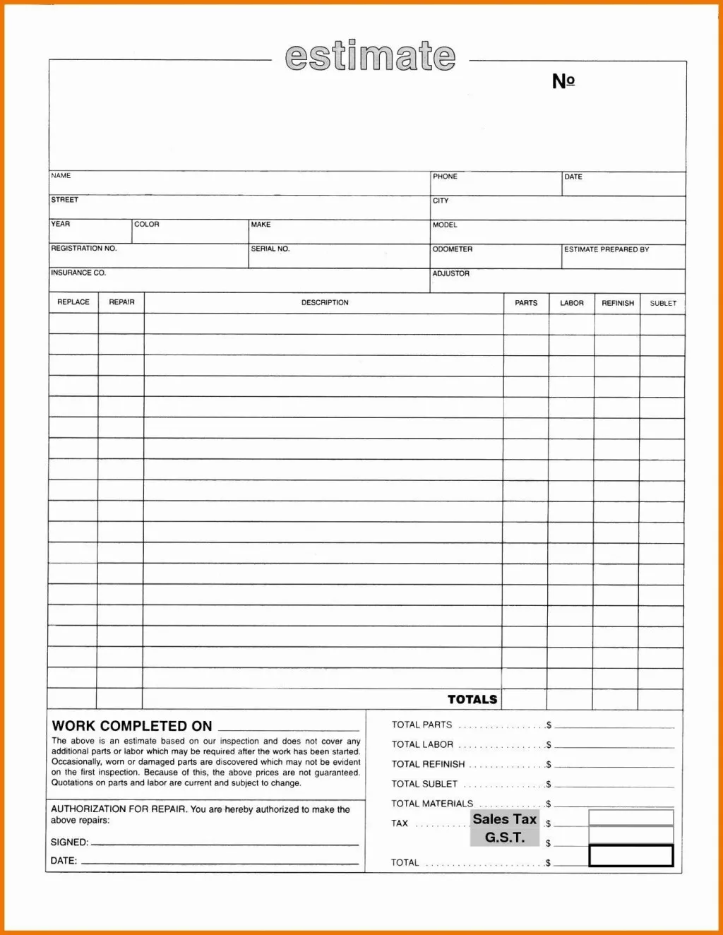 Printable Free Auto Body Repair Estimate Template Forms