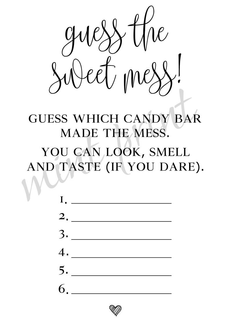 Guess The Sweet Mess Baby Shower Game Guess The Mess Template Diaper Candy Bar Guessing Game Poopy Diaper Game Chocolate Bars Printable Etsy Baby Shower Candy Bar Game Baby Shower