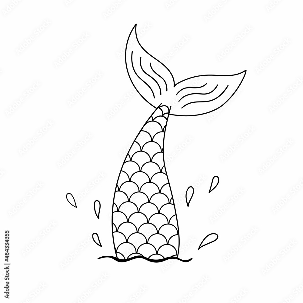 Hand Drawn Silhouette Of Mermaid Tail In Water With Sea Spray Vector Line Illustration Isolated On White Background Contour Graphic Tattoo Or Outline Print For Coloring Page Stock Vector Adobe Stock
