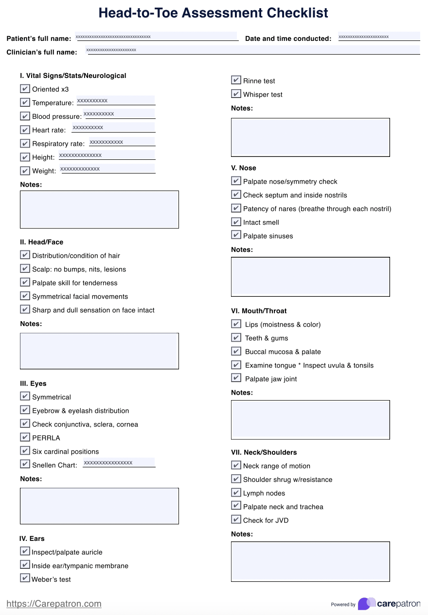Head to Toe Assessment Checklist Example Free PDF Download