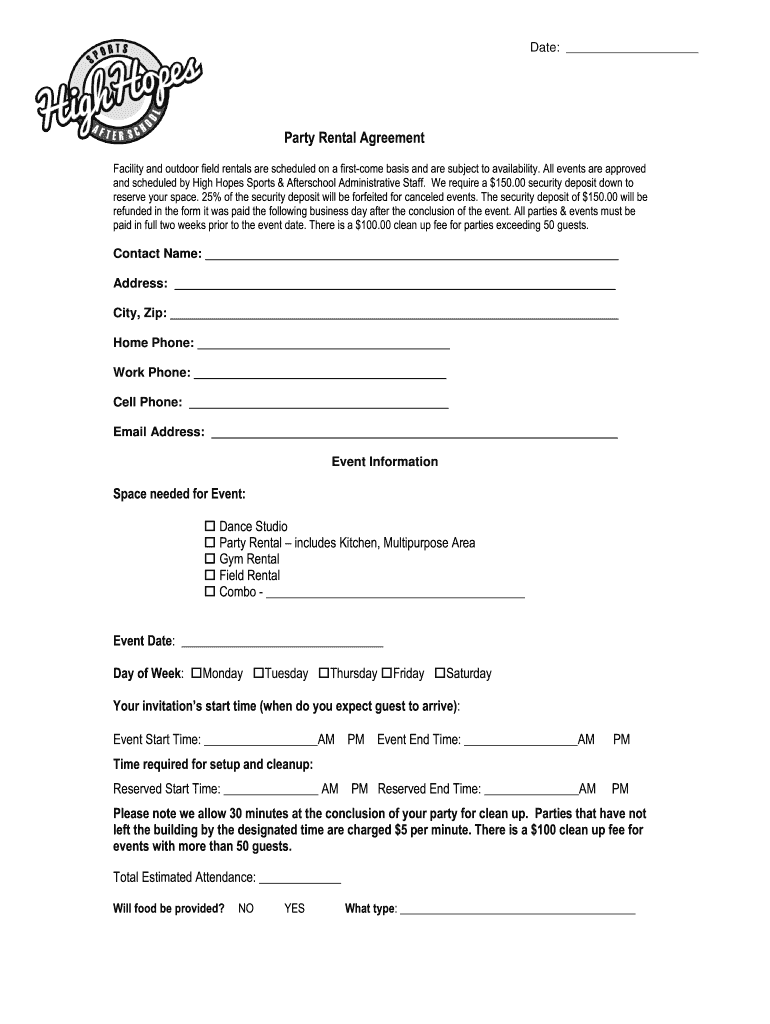 High Hopes Party Rental Agreement Form Edit Fill Online Printable Fillable Blank PdfFiller