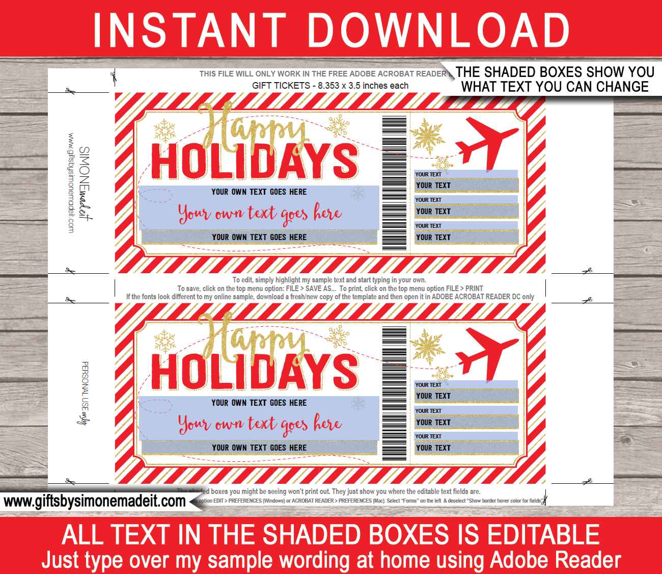 Holiday Plane Ticket Voucher Template Printable Boarding Pass Gift Idea