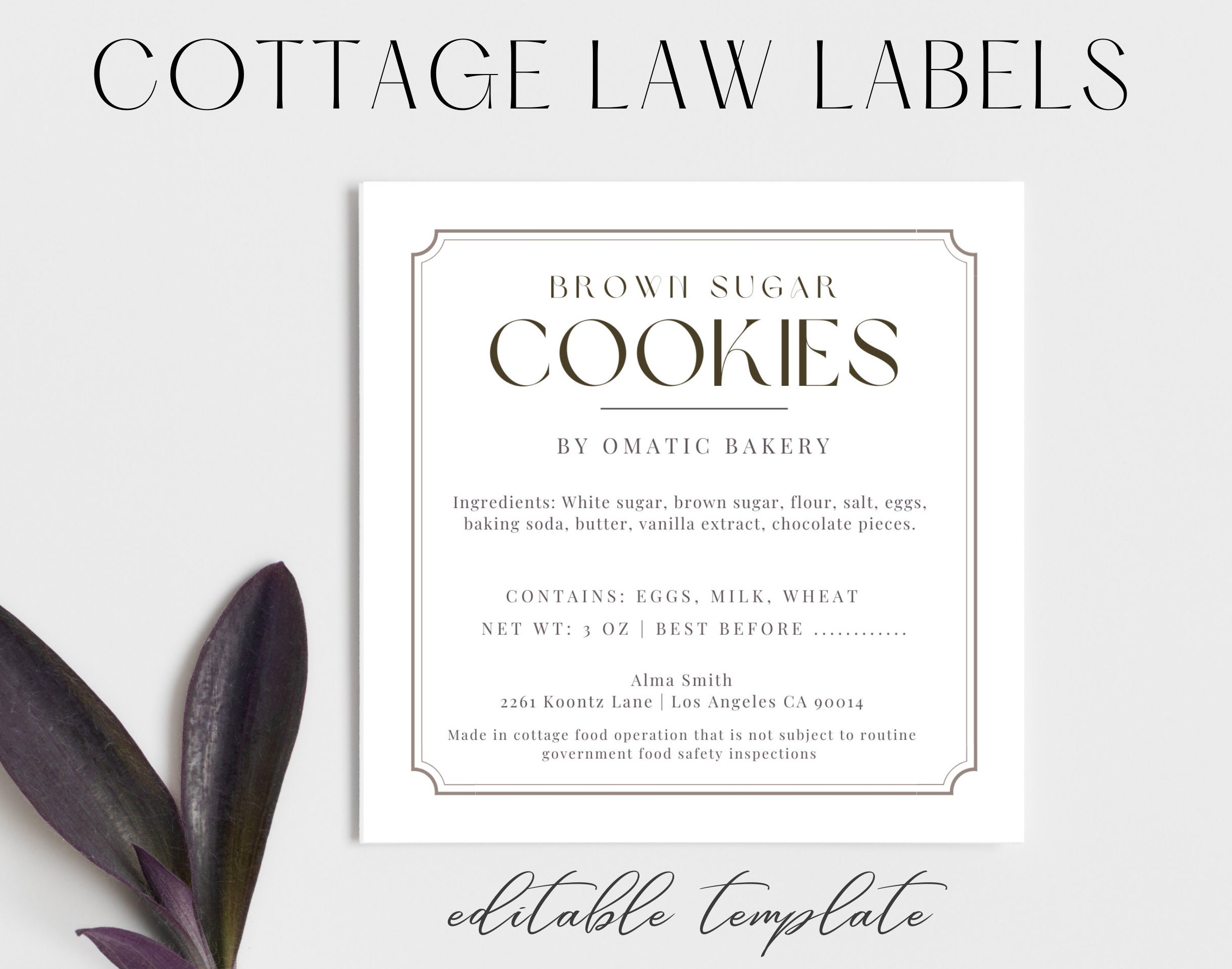 Home Bakery Cookie Sticker Cottage Food Law Label Template Canva Cupcake Ingredients List Printable Food License Allergens Information Etsy