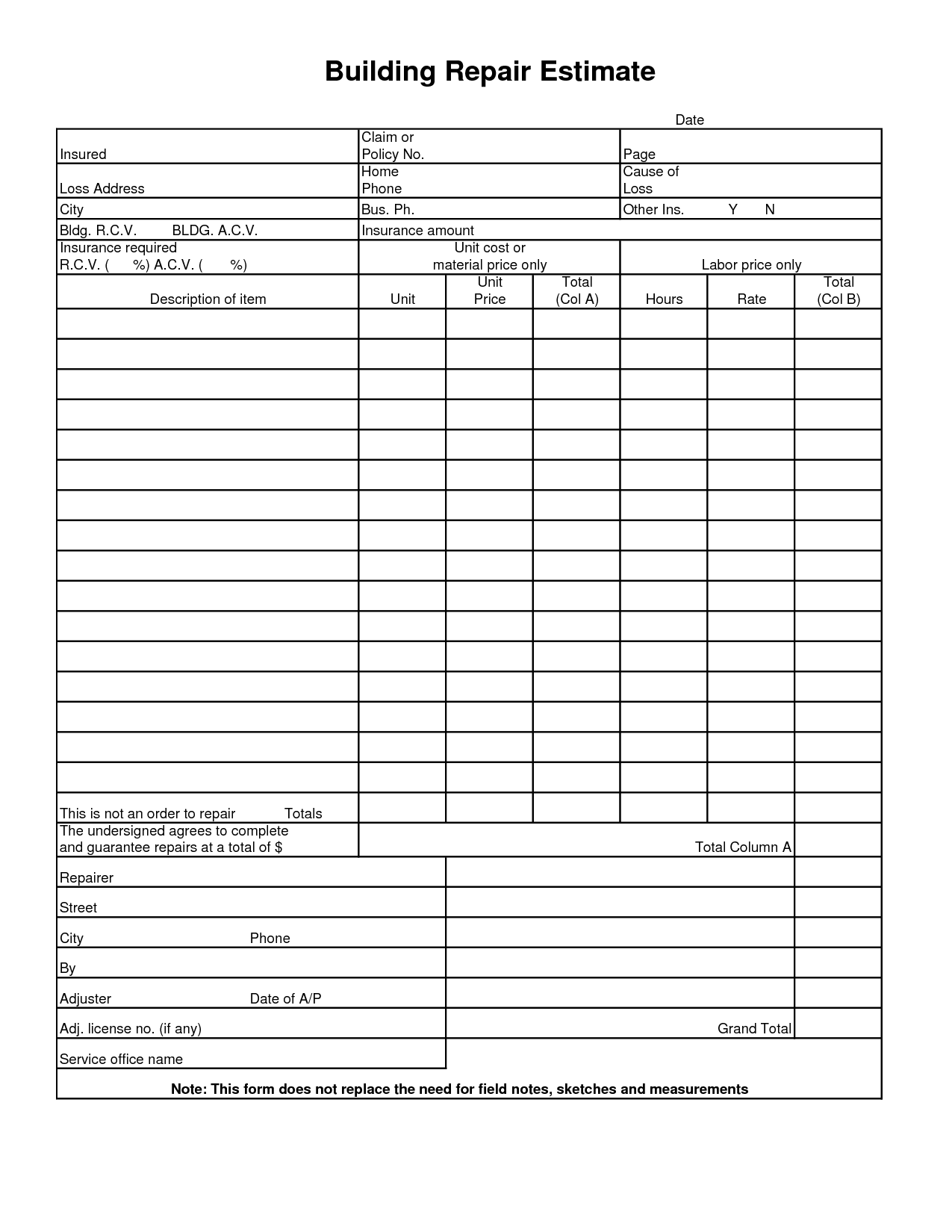 Printable Home Repair Estimate Template